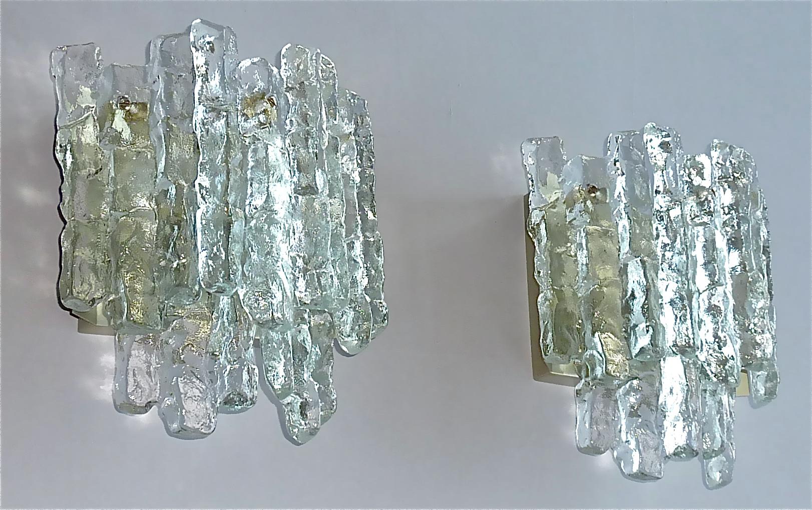 Mid-20th Century Large Pair of Kalmar Sconces Wall Lamps Textured Murano Ice Glass 1960 Brutalist