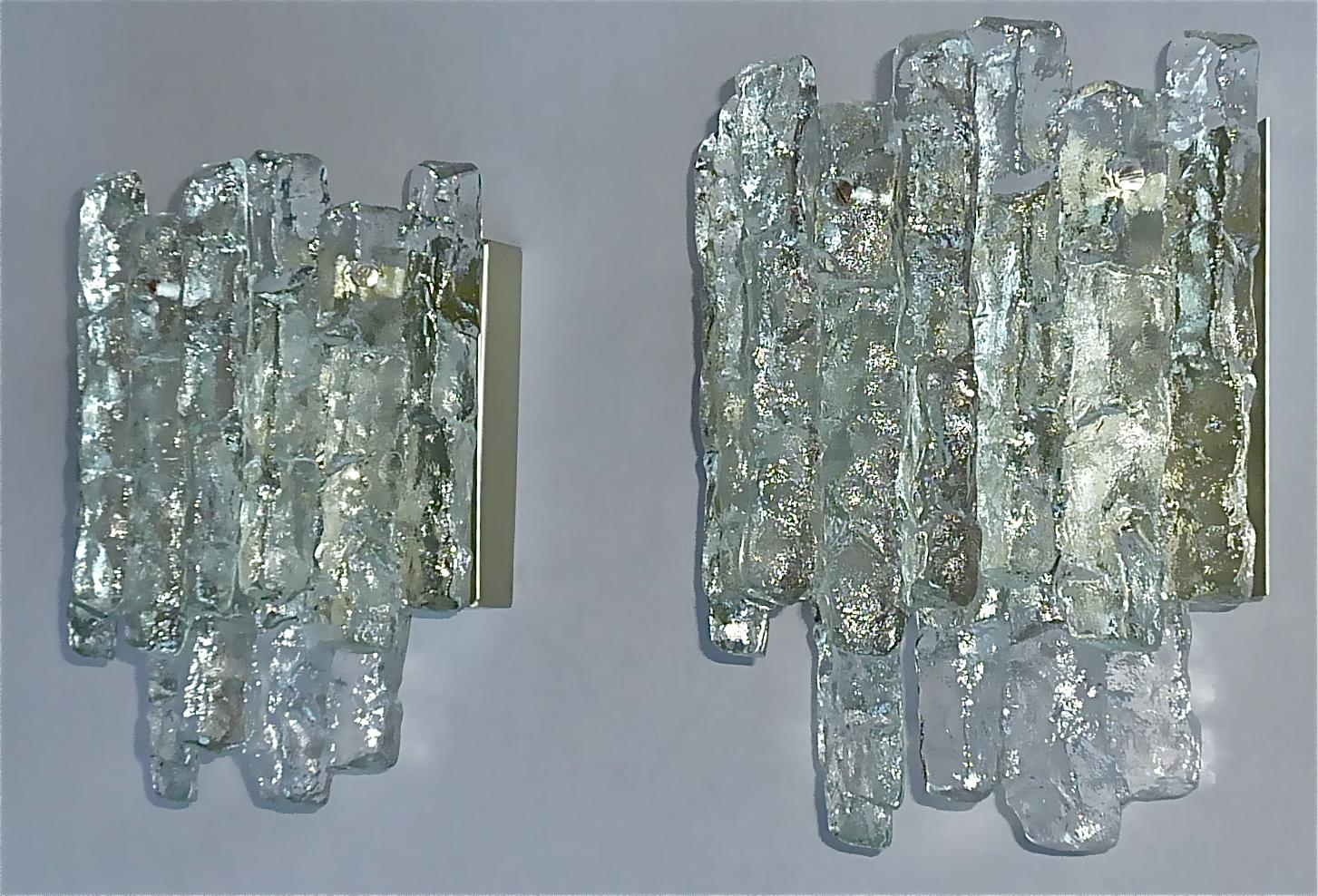 Large Pair of Kalmar Sconces Wall Lamps Textured Murano Ice Glass 1960 Brutalist 2