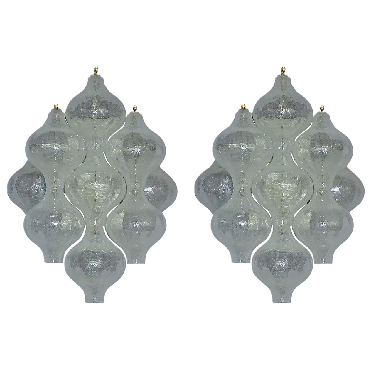 Large Pair of Kalmar Tulipan Wall Lights Sconces Murano Glass White Brass, 1960s