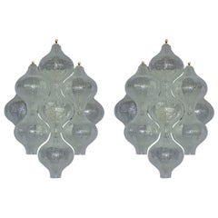 Retro Large Pair of Kalmar Tulipan Wall Lights Sconces Murano Glass White Brass, 1960s