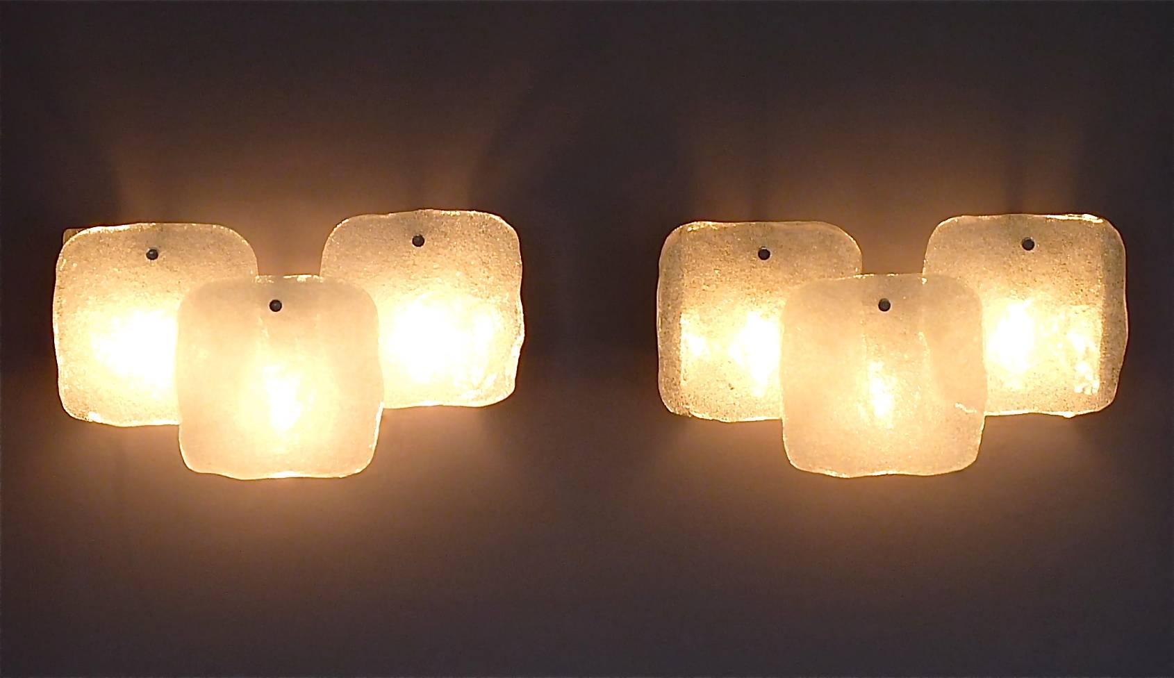 Large Pair of Kalmar Sconces Wall Lamps White Murano Ice Glass Chrome Brass 1960 6