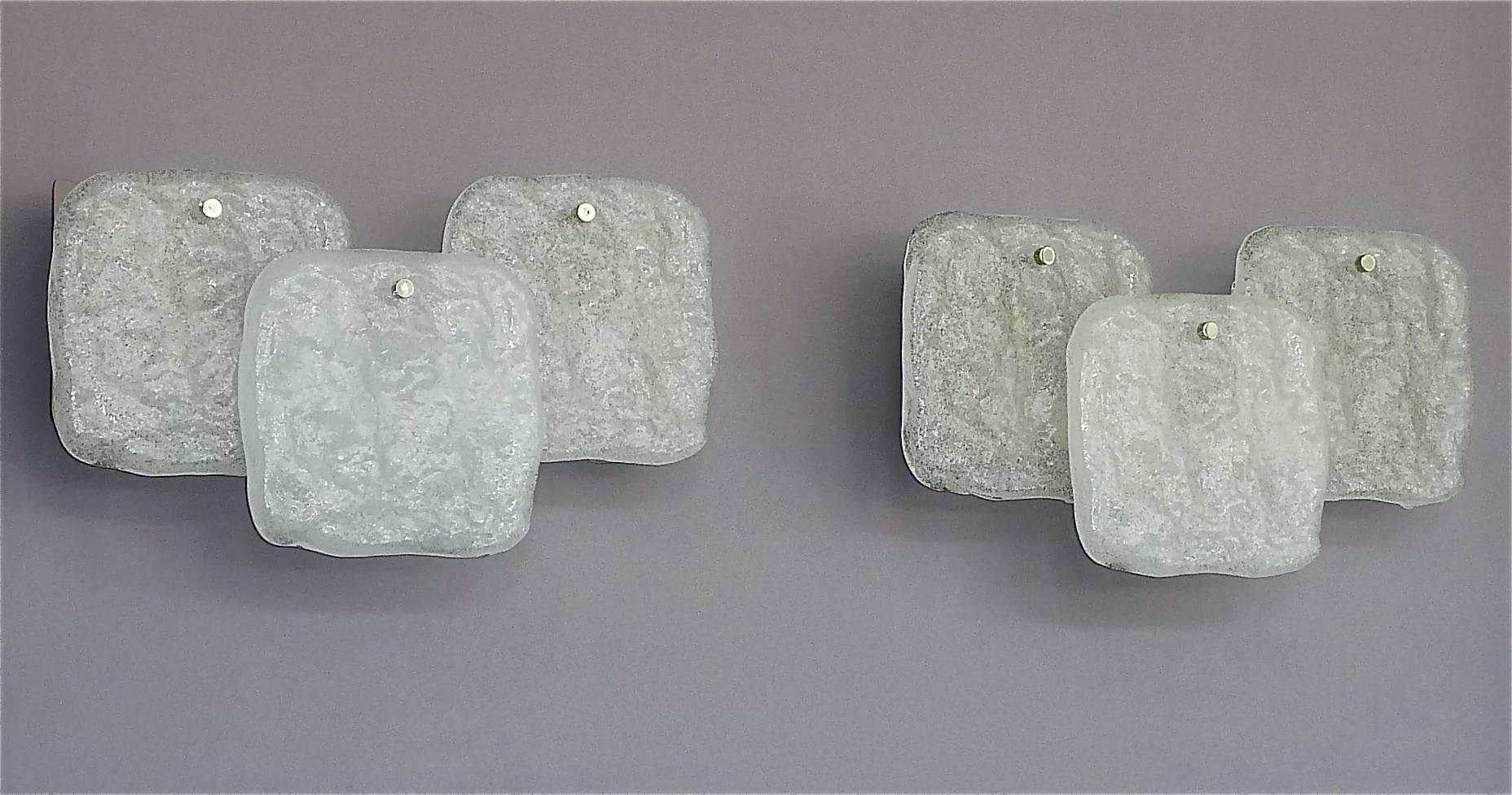 Hand-Crafted Large Pair of Kalmar Sconces Wall Lamps White Murano Ice Glass Chrome Brass 1960