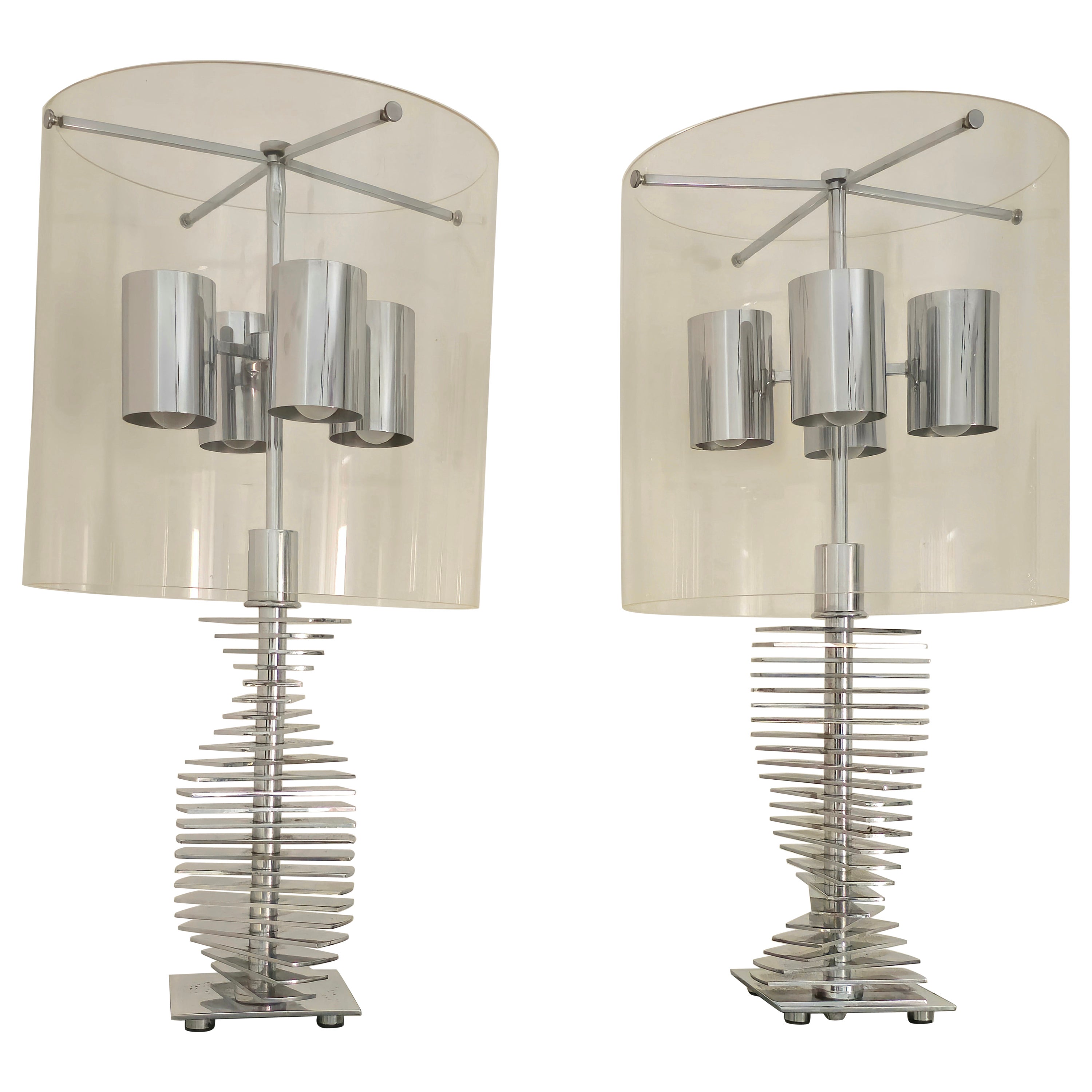 Large Pair of Lamp Chrome Mid Century Modern Design Italy 1970s Monumental