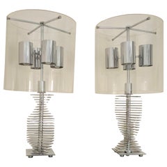 Large Pair of Lamp Chrome Mid Century Modern Design Italy 1970s Monumental