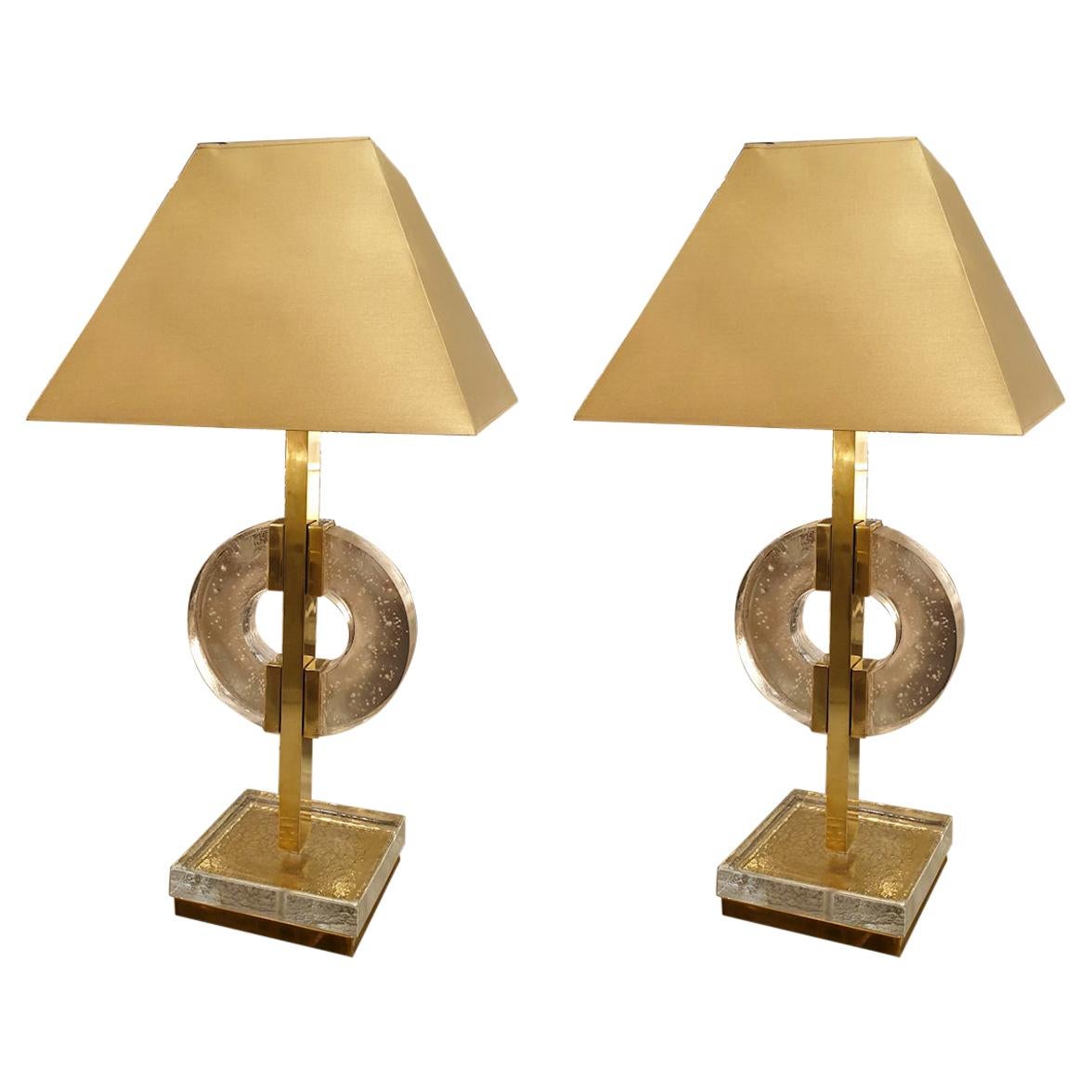 Large Pair of Large Mid-Century Modern Clear Glass / Brass Italian Table Lamps