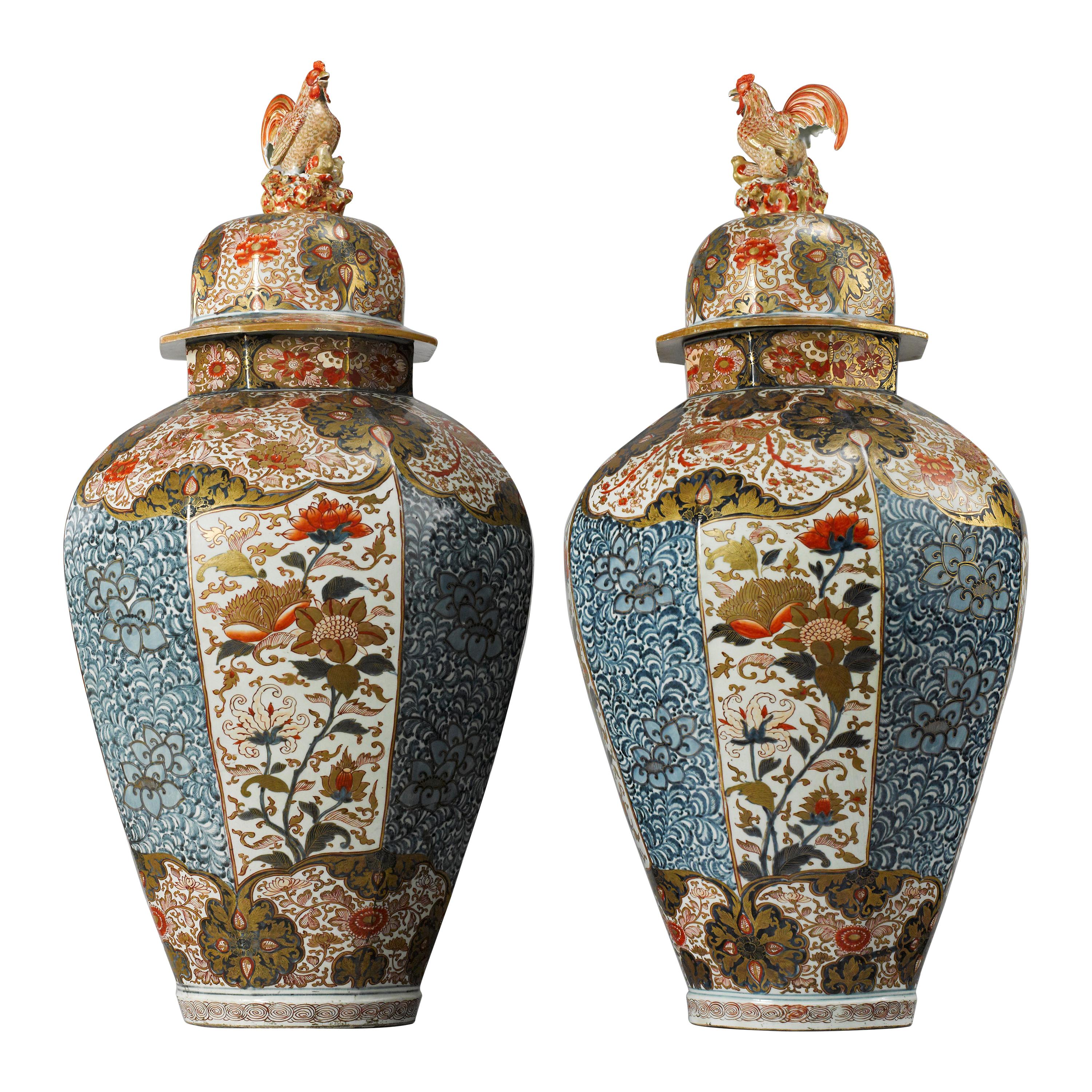 Large Pair of Late 17th Century Imari Vases with Cover