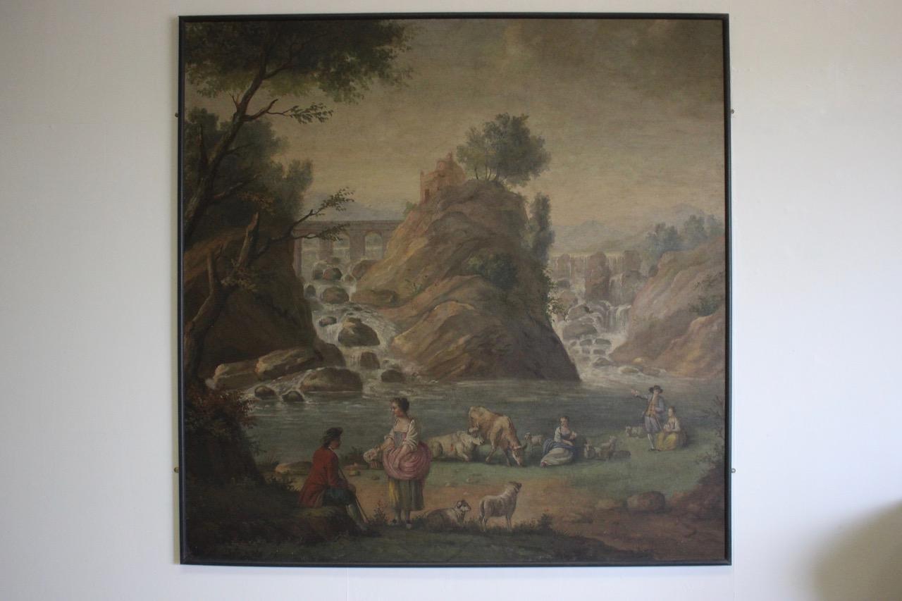 A very large pair of late 19th century French country house painted panels from boiseries, depicting rural scenes. Cleaned and mounted on board
This elegant pair of paintings will make a statement in most settings,
France, circa 1880.