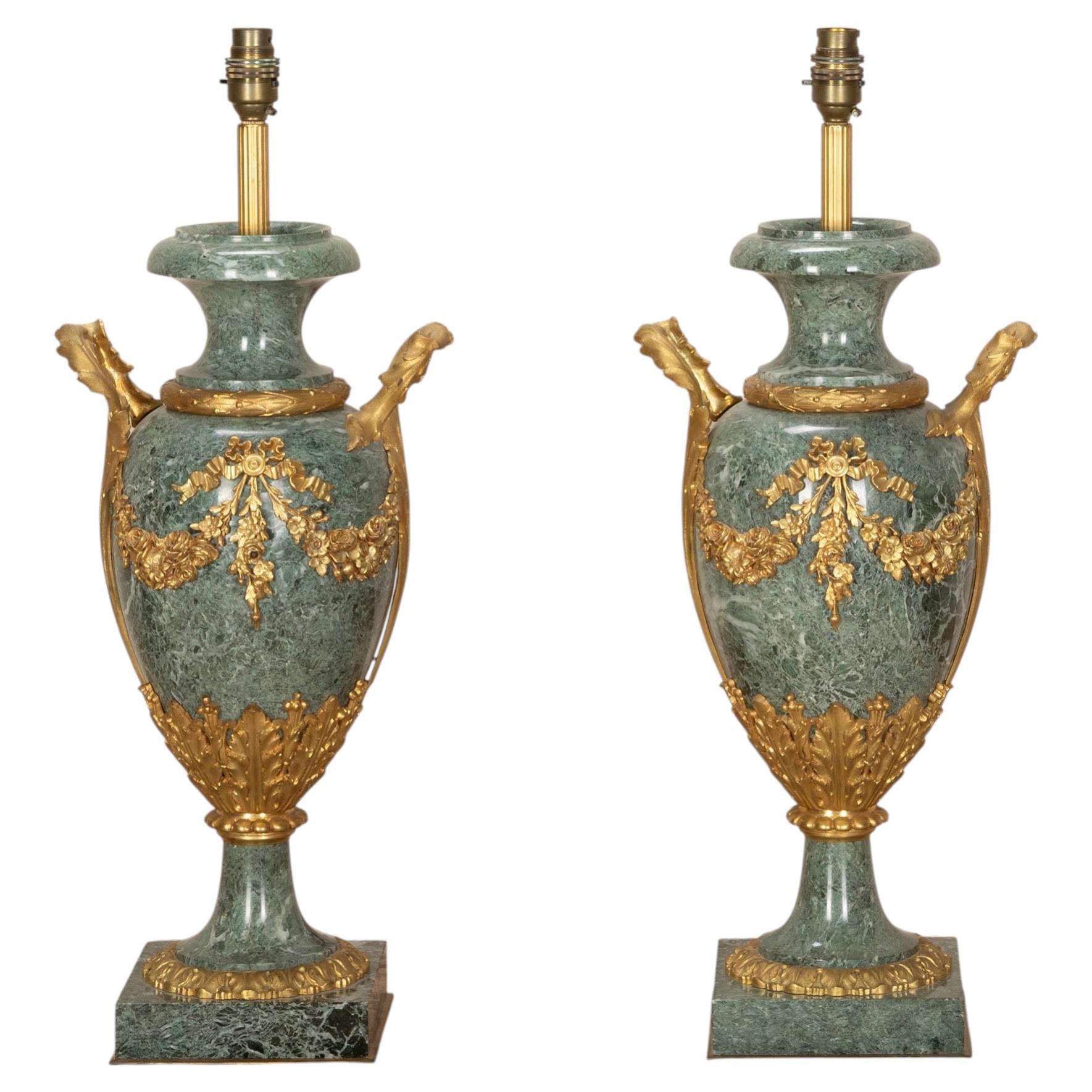 Large Pair of Late 19th Century English Marble and Ormolu Lamps For Sale