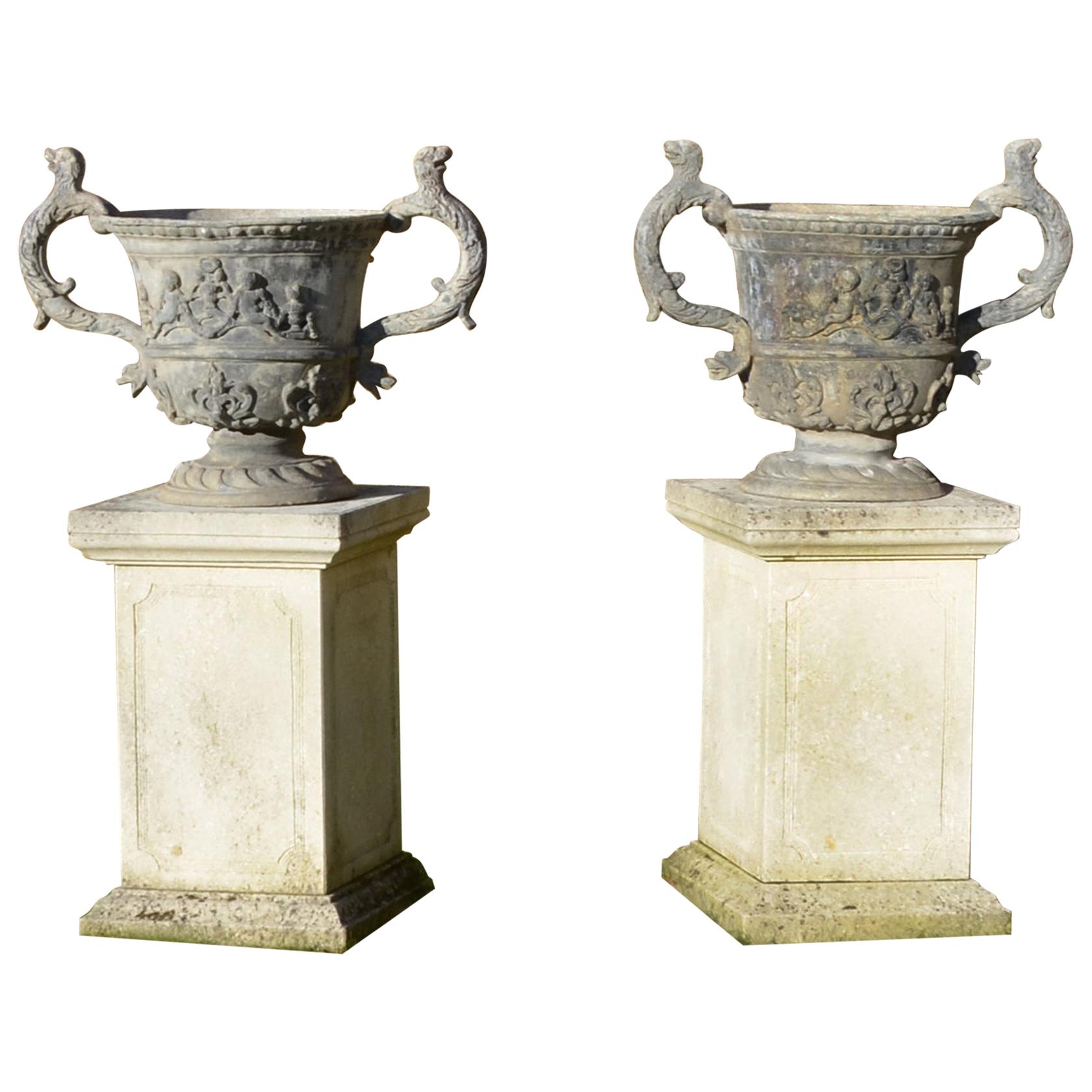Large Pair of Lead Urns For Sale
