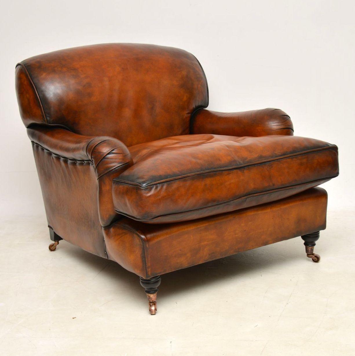 English Large Pair of Leather Antique ‘Howard’ Style Armchairs