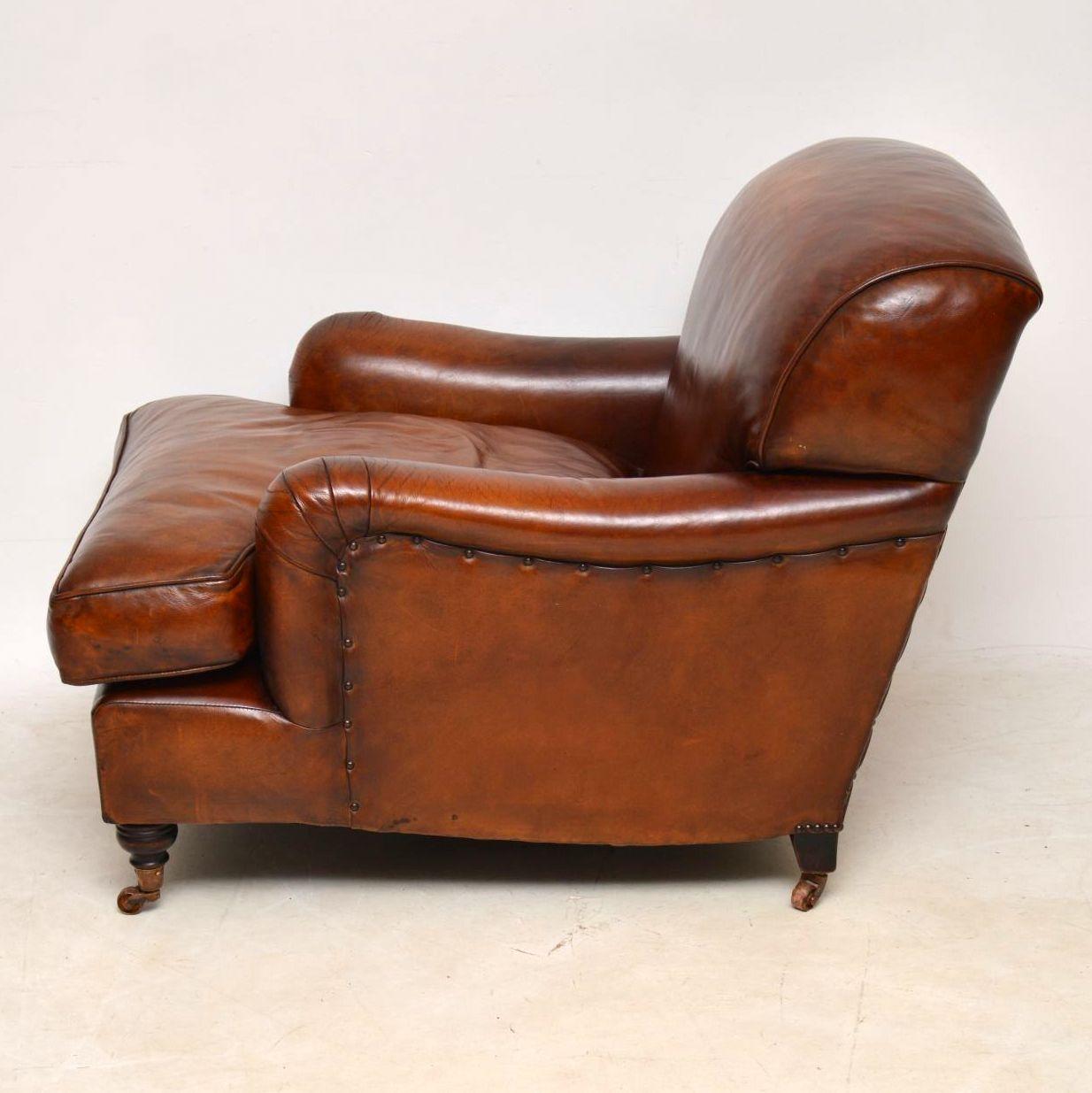 English Large Pair of Leather Antique ‘Howard’ Style Armchairs