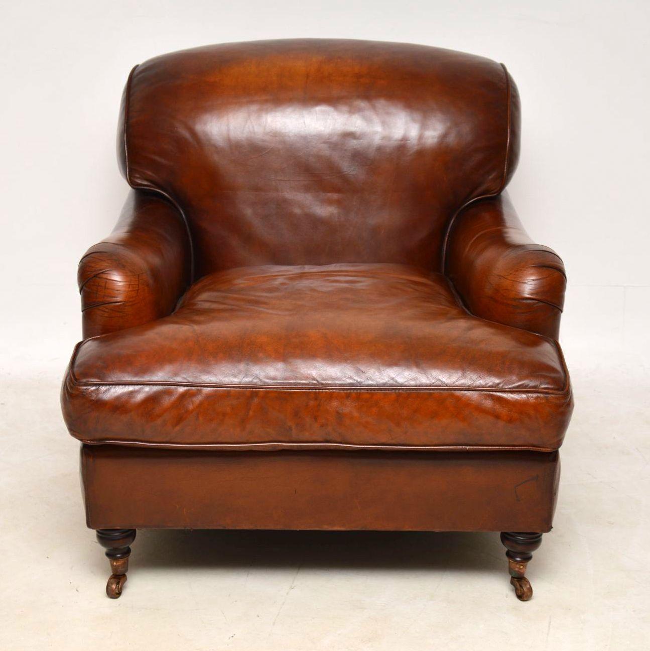 Large Pair of Leather Antique ‘Howard’ Style Armchairs In Good Condition In London, GB