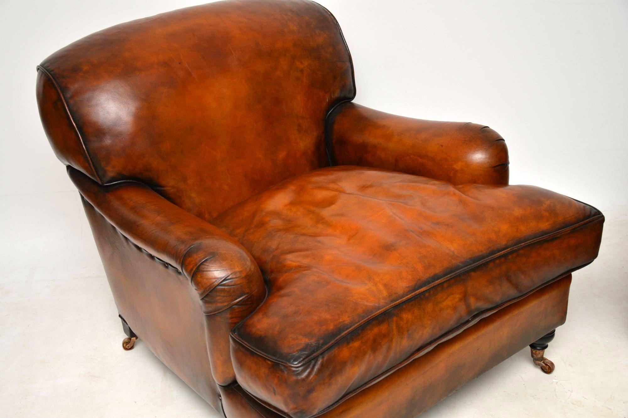 Late 20th Century Large Pair of Leather Antique ‘Howard’ Style Armchairs