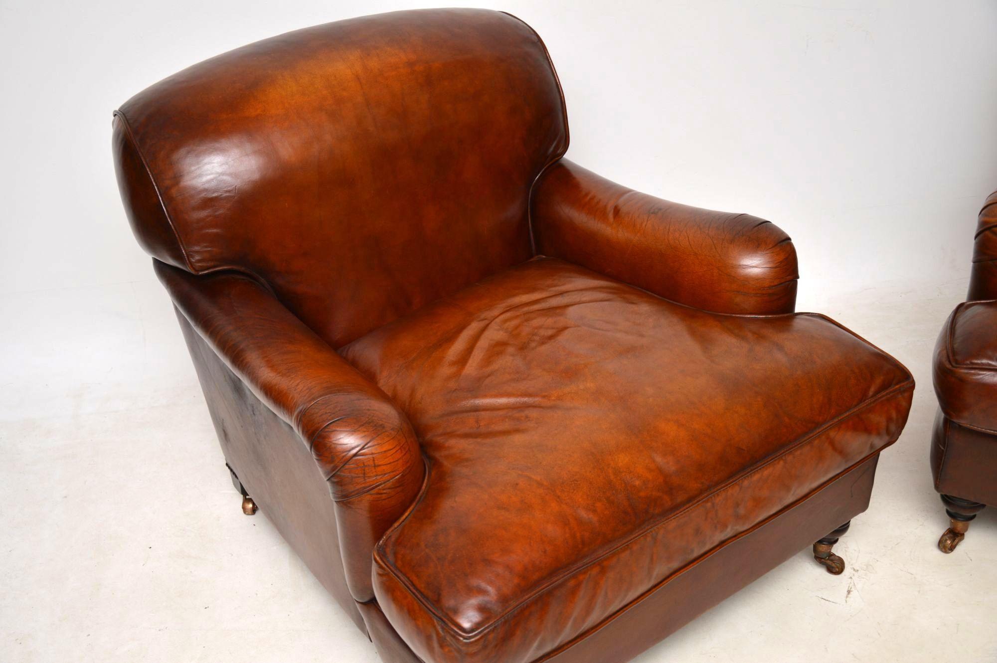 Late 20th Century Large Pair of Leather Antique ‘Howard’ Style Armchairs