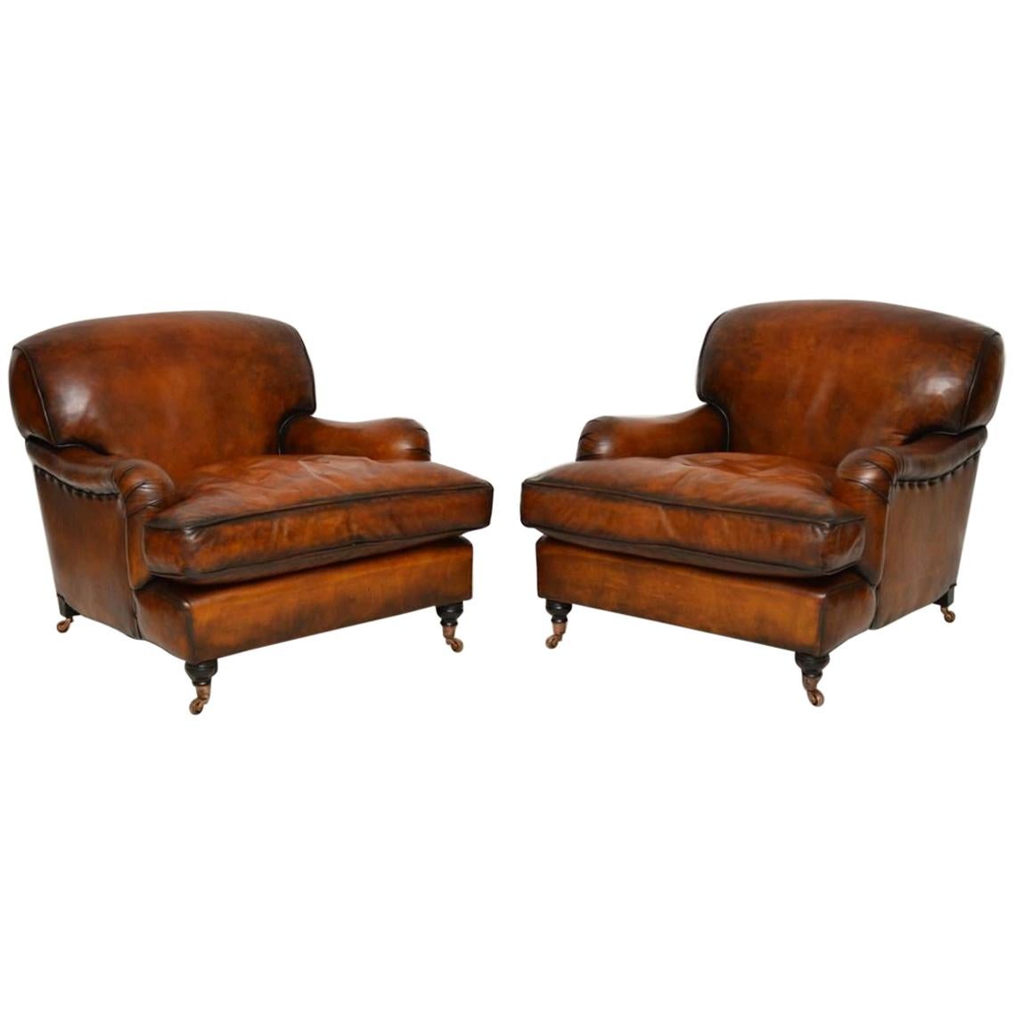 Large Pair of Leather Antique ‘Howard’ Style Armchairs