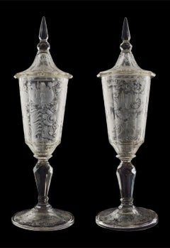 Large Pair of Lidded Vases in cut glass, Bohemia, circa 1790