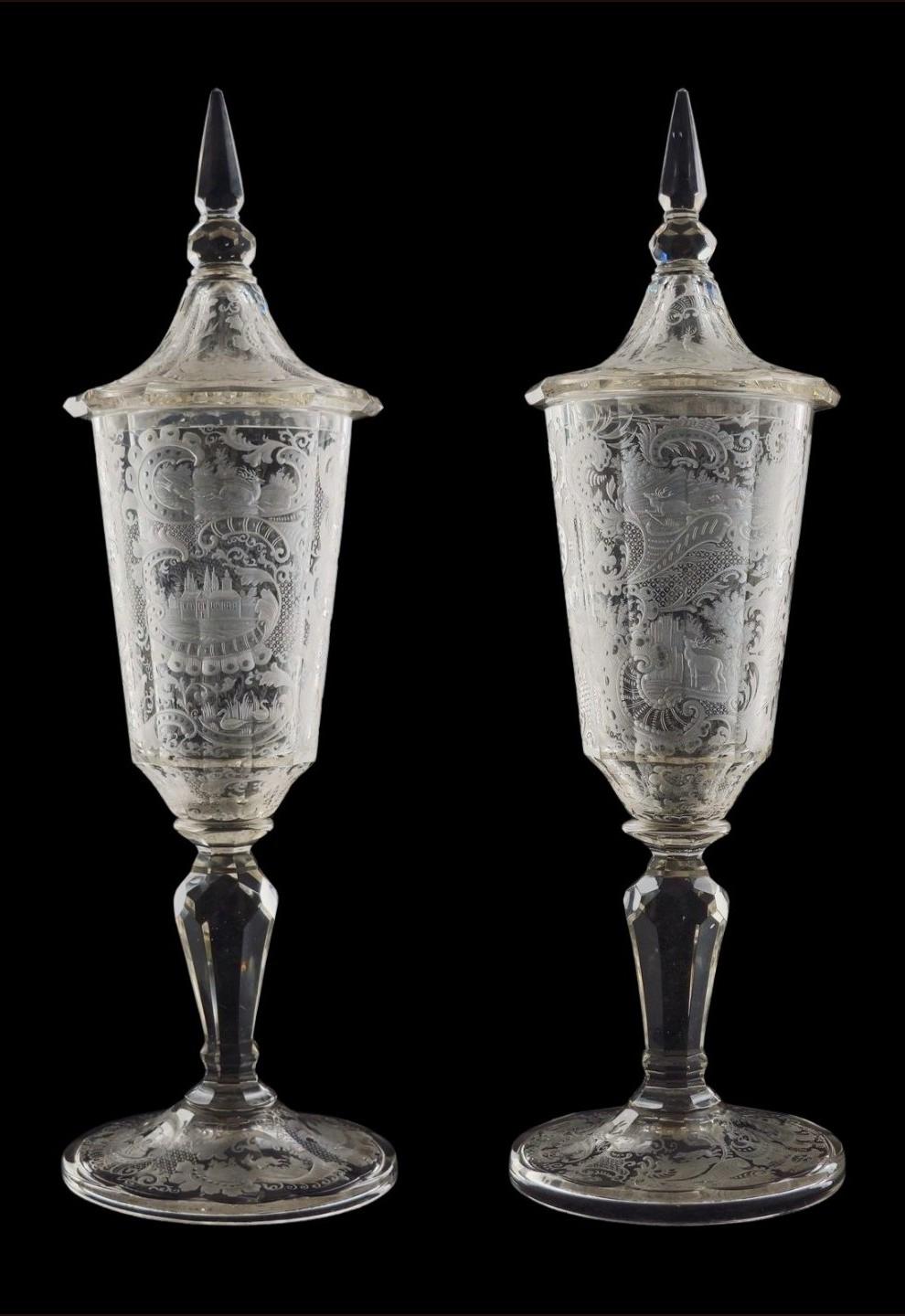 Baroque Large Pair of Lidded Vases in cut glass, Bohemia, circa 1790 For Sale
