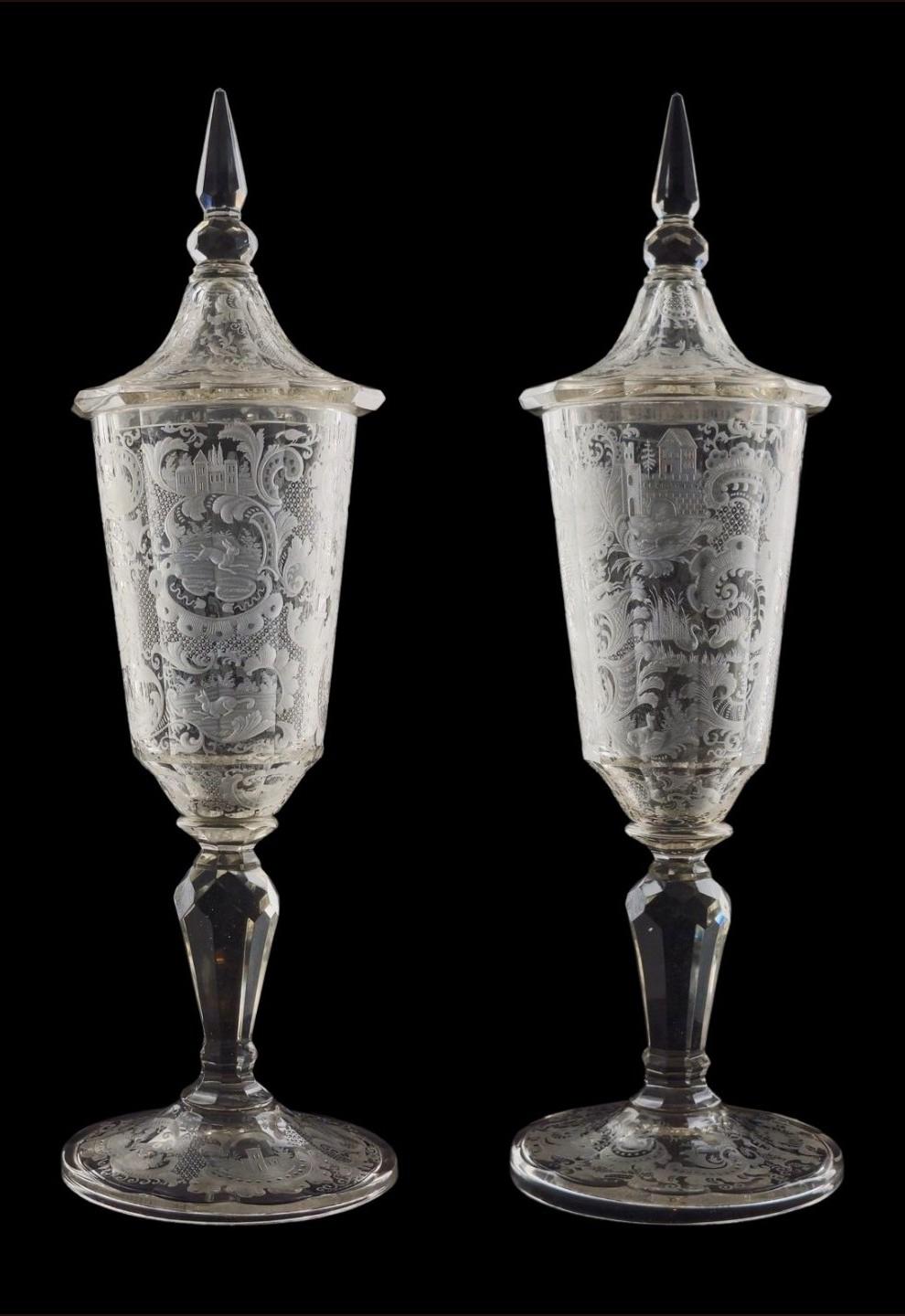 German Large Pair of Lidded Vases in cut glass, Bohemia, circa 1790 For Sale
