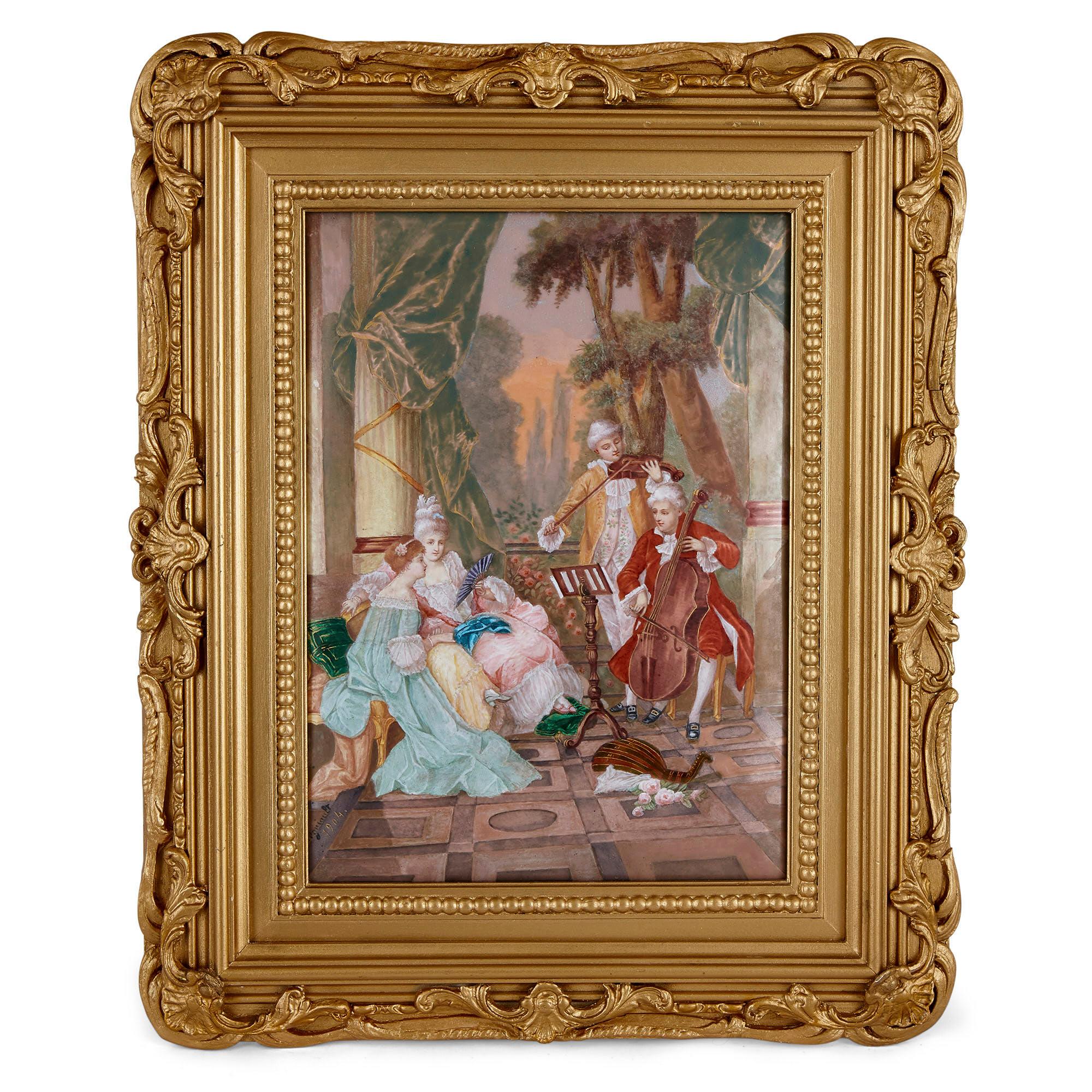Rococo Large Pair of Limoges Enamel Plaques in Giltwood Frames
