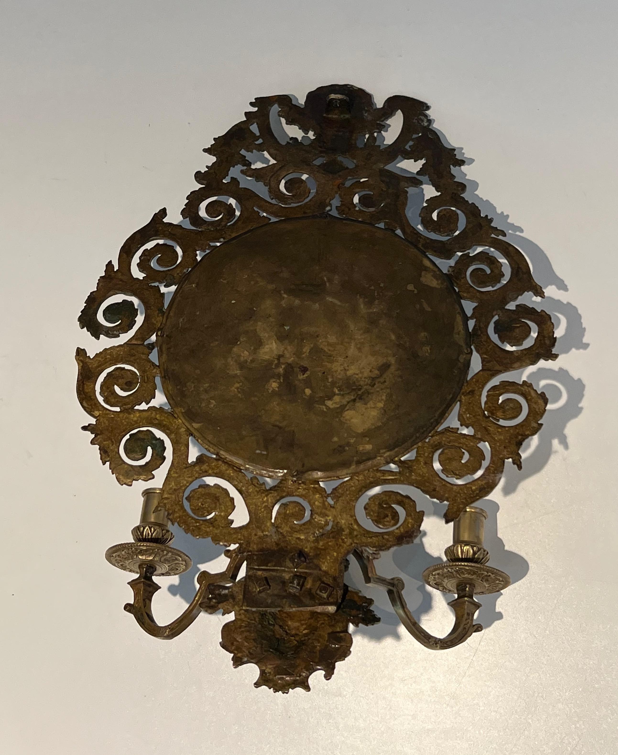Grande coppia di lampade da parete in stile Luigi XIV in bronzo e specchio in vendita 8