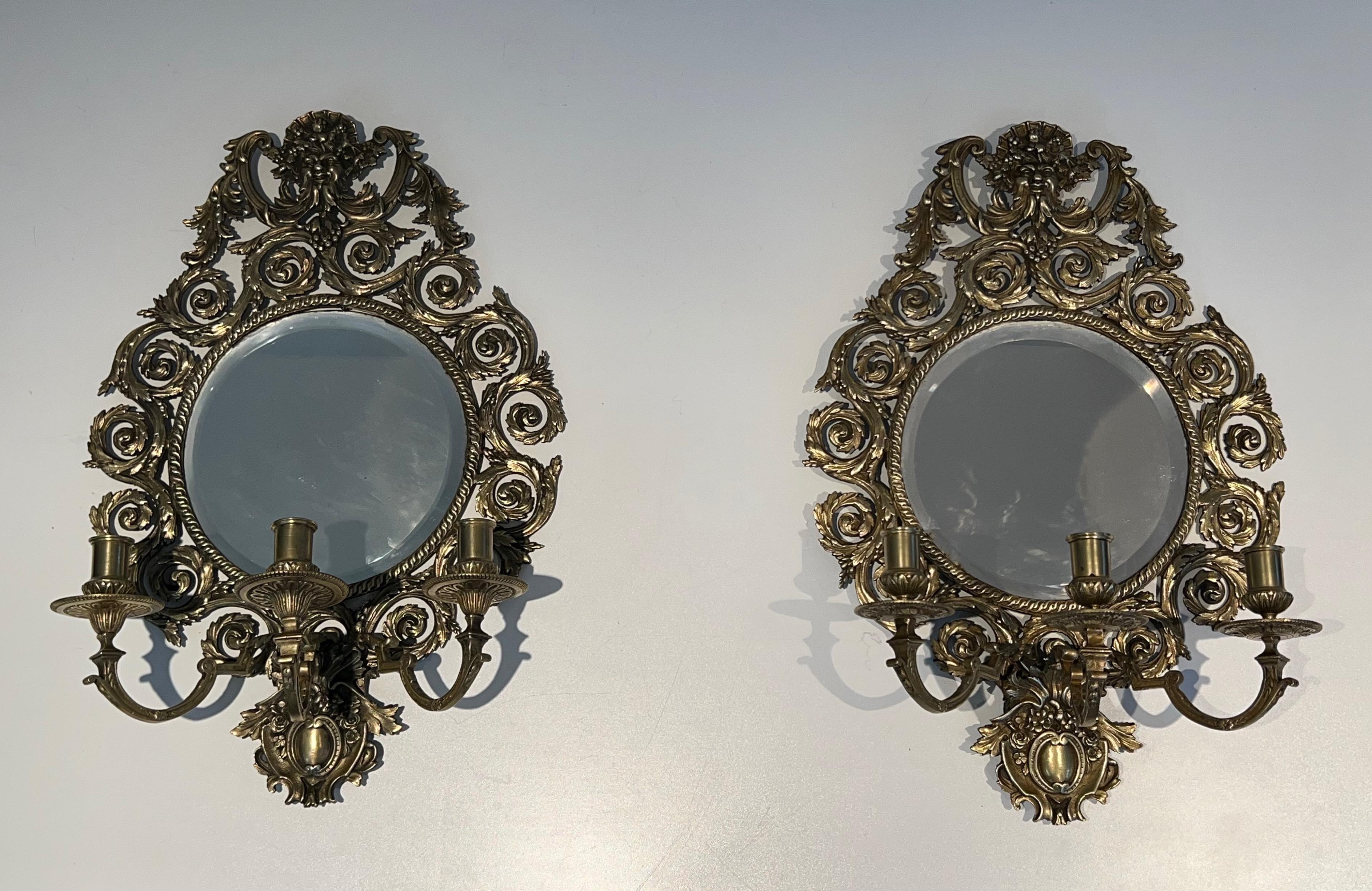 Louis XIV Large Pair of Louis the 14th Style Bronze and Mirror Wall Lights For Sale