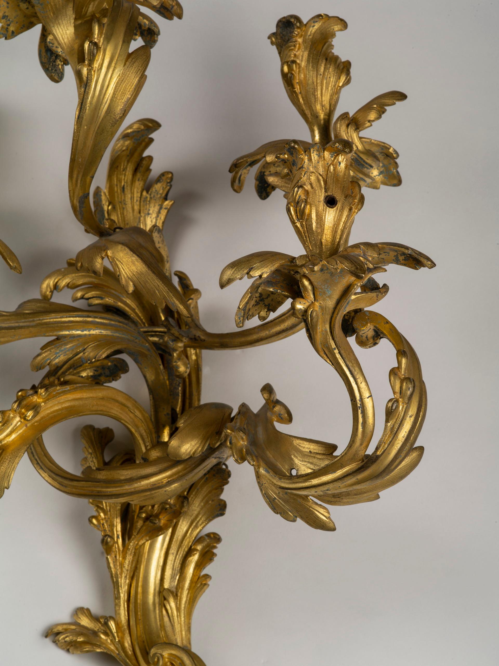 French Large Pair of Louis XV Ormolu Five-Light Wall Lights in the Style of Caffieri For Sale