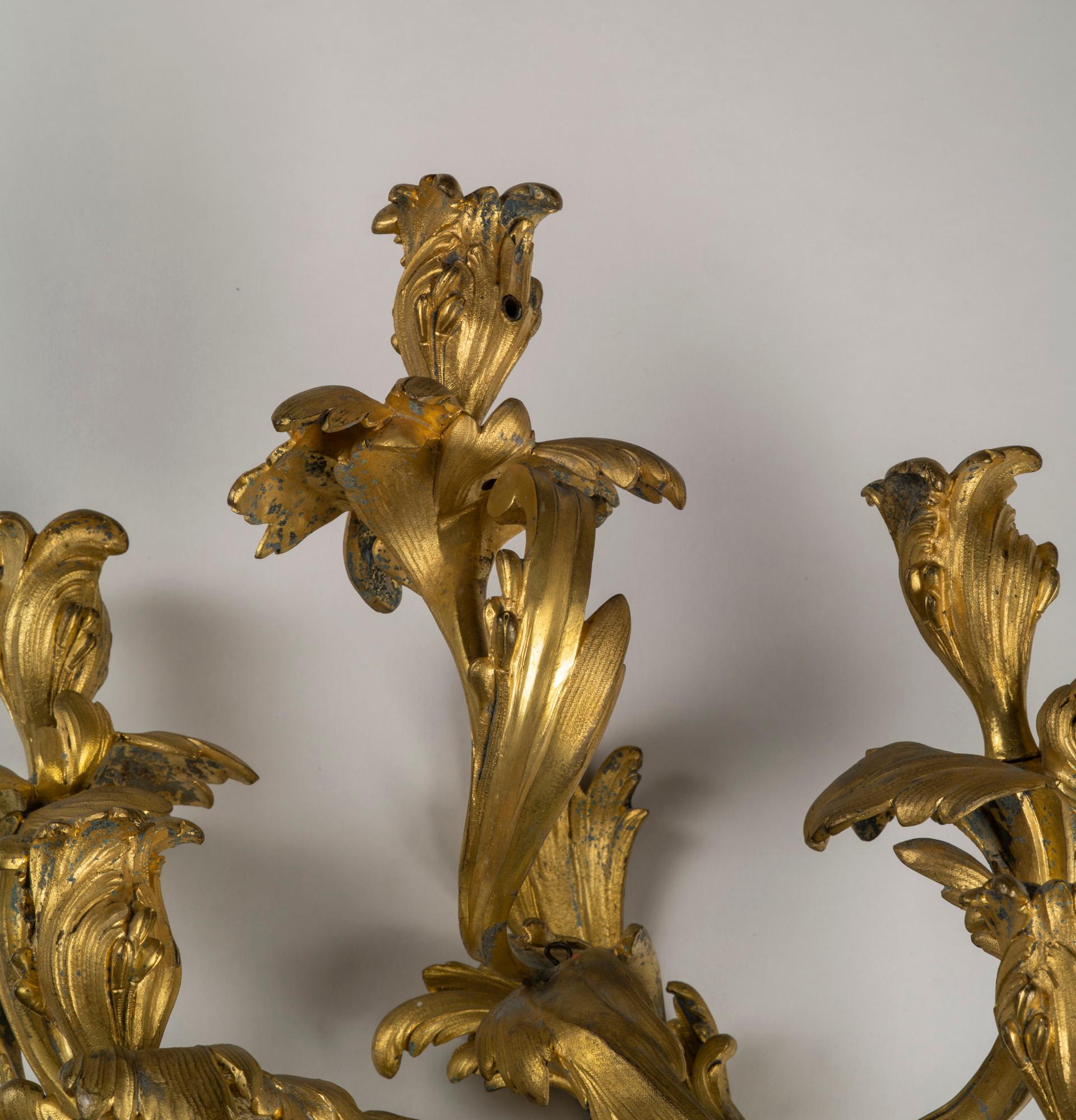 Large Pair of Louis XV Ormolu Five-Light Wall Lights in the Style of Caffieri In Fair Condition For Sale In Kittery Point, ME