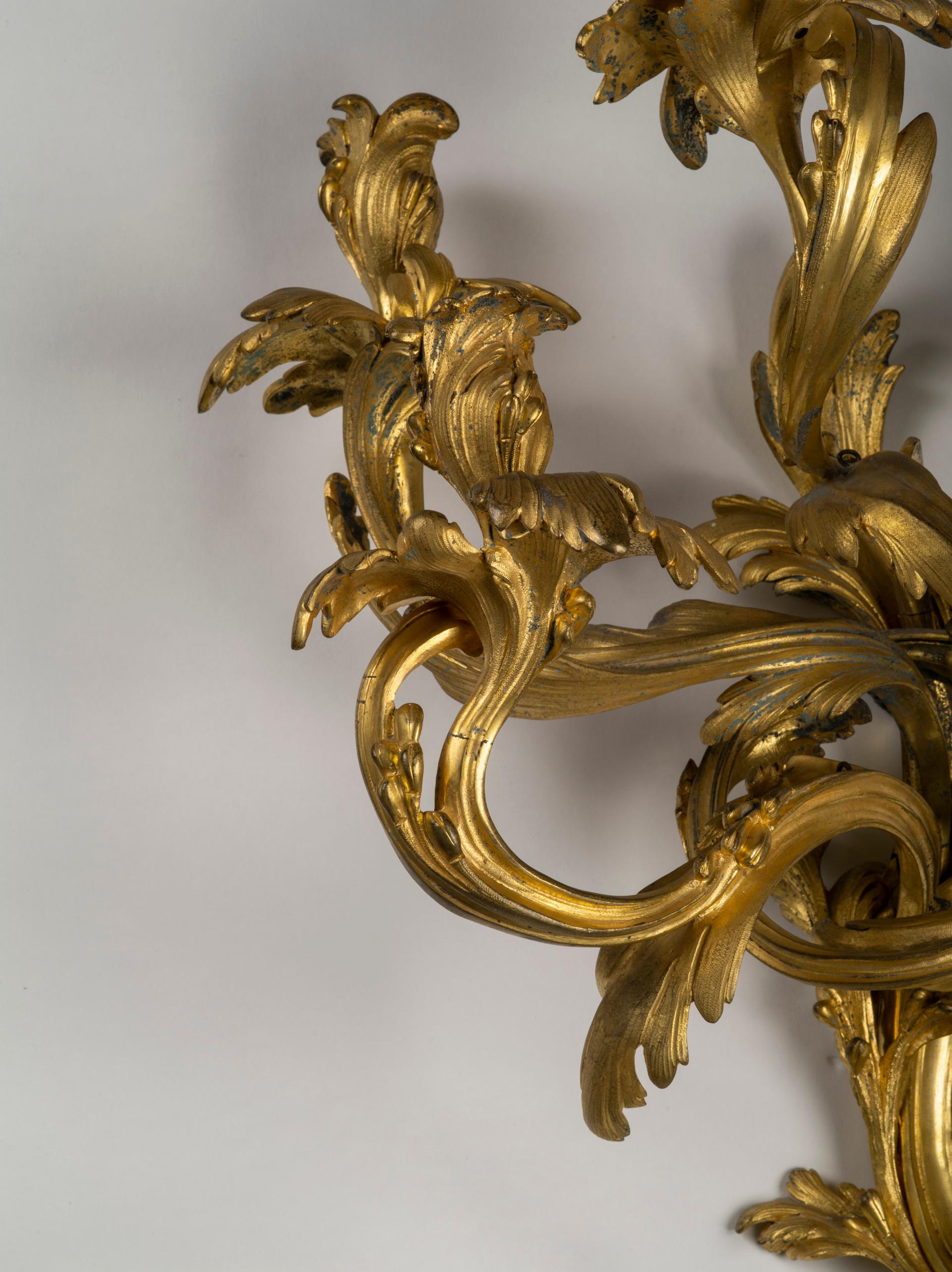 Gran Pareja de Apliques Luis XV de Ormolu de Cinco Luces de Estilo Caffieri Bronce en venta