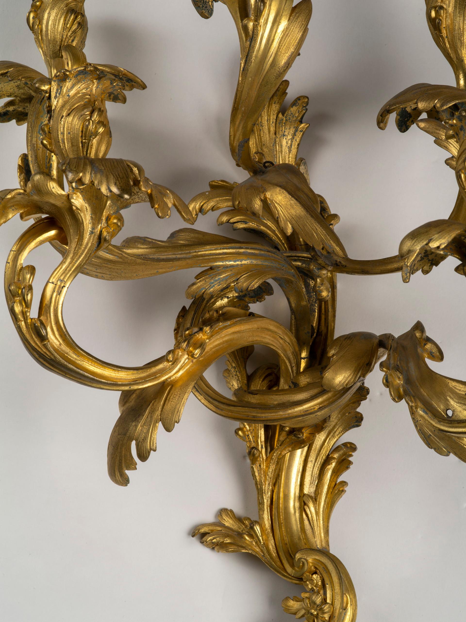 Bronze Large Pair of Louis XV Ormolu Five-Light Wall Lights in the Style of Caffieri For Sale