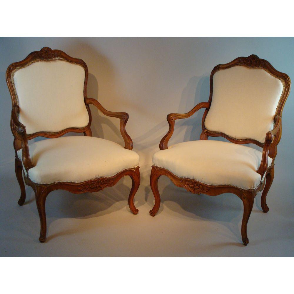 Large Pair of Louis XV Period Carved Walnut Armchairs For Sale 7