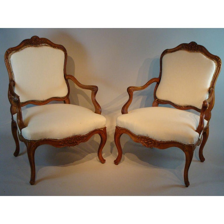 Large Pair of Louis XV Period Carved Walnut Armchairs For Sale at 1stDibs