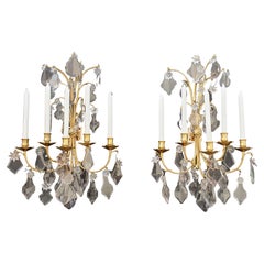 Large Pair of Louis XV Sconces in Gilt Bronze and Crystal Pendants