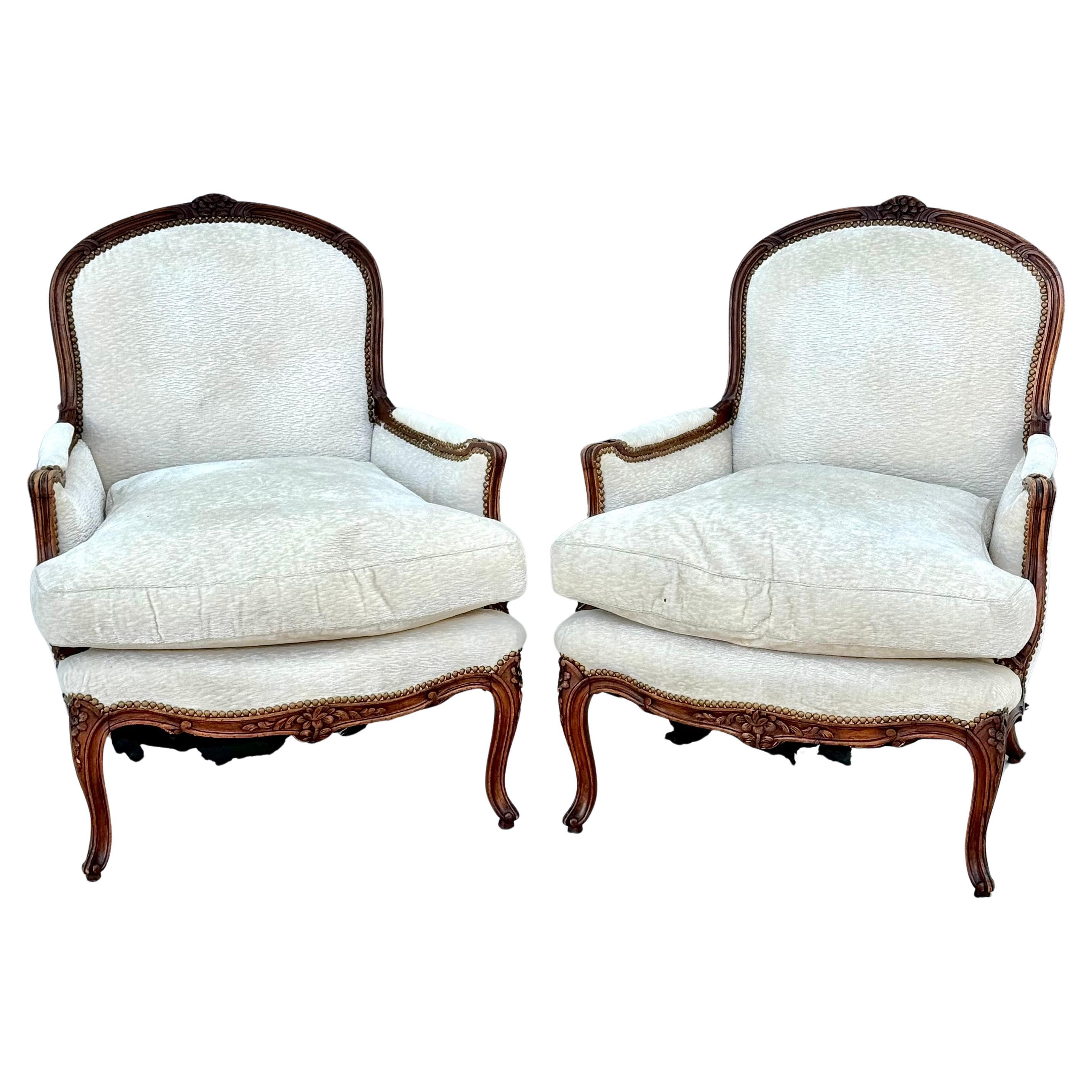 Large Pair of Louis XV Style Carved Beechwood Bergere Chairs For Sale