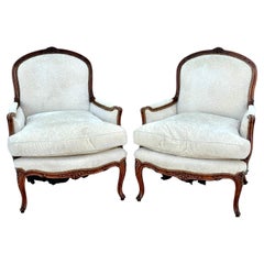 Large Pair of Louis XV Style Carved Beechwood Bergere Chairs