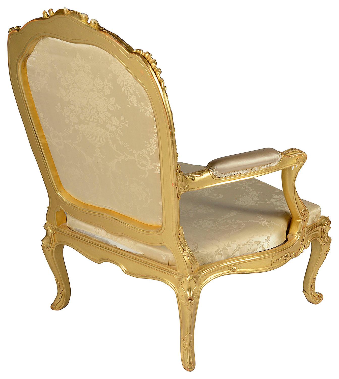 Large Pair of Louis XVI Style Carved Giltwood Salon Chairs, 19th Century In Good Condition In Brighton, Sussex