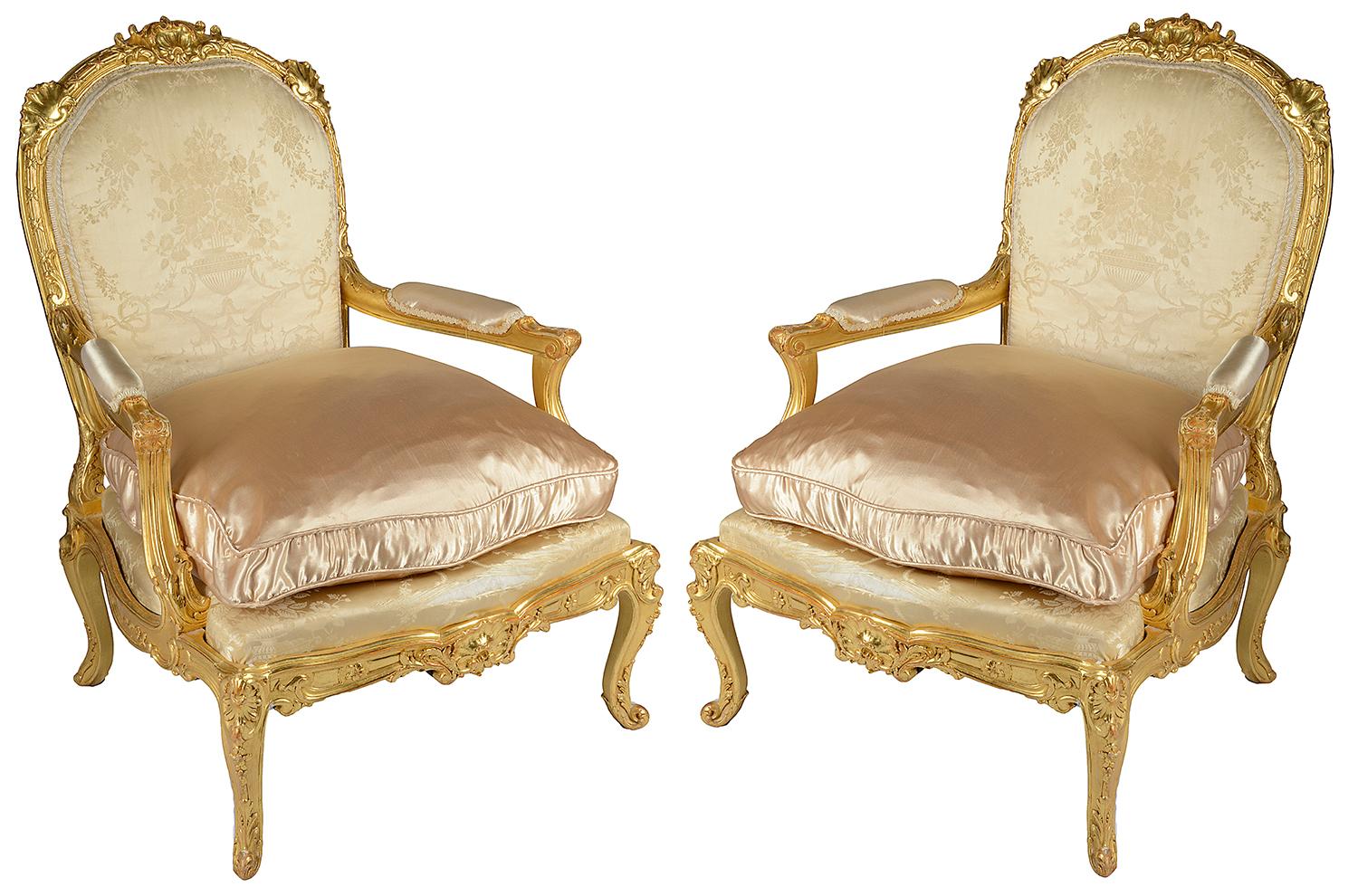 Large Pair of Louis XVI Style Carved Giltwood Salon Chairs, 19th Century 3