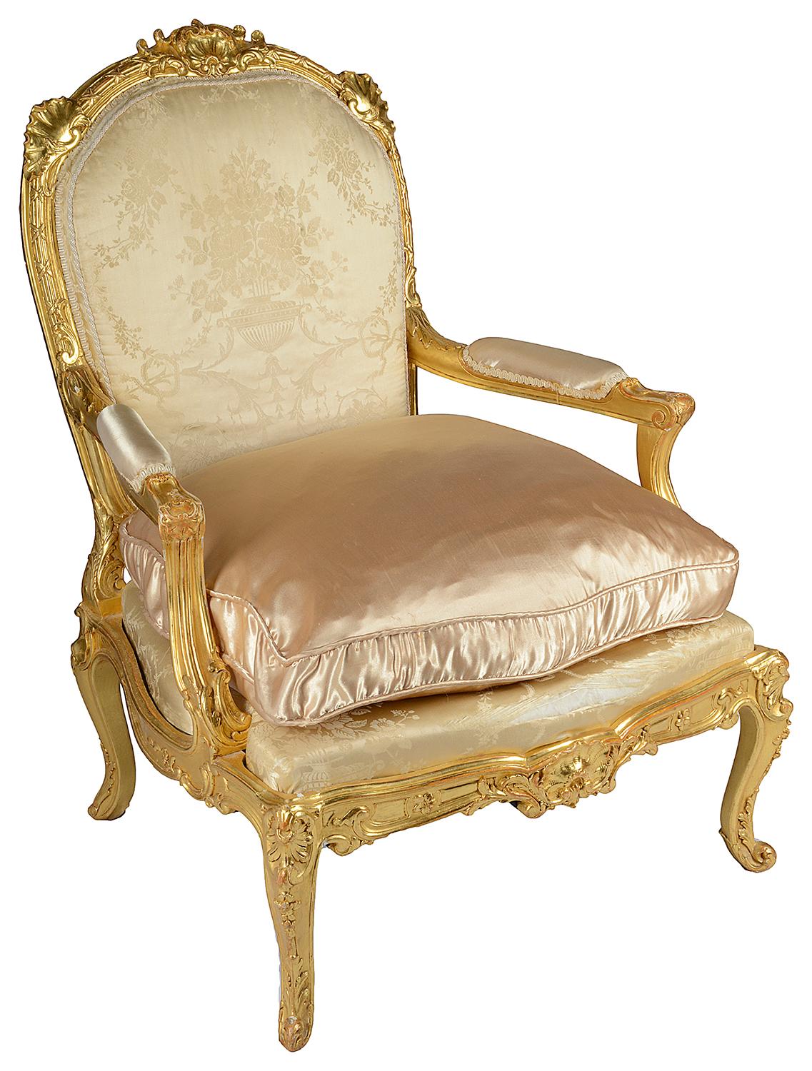 Large Pair of Louis XVI Style Carved Giltwood Salon Chairs, 19th Century 4
