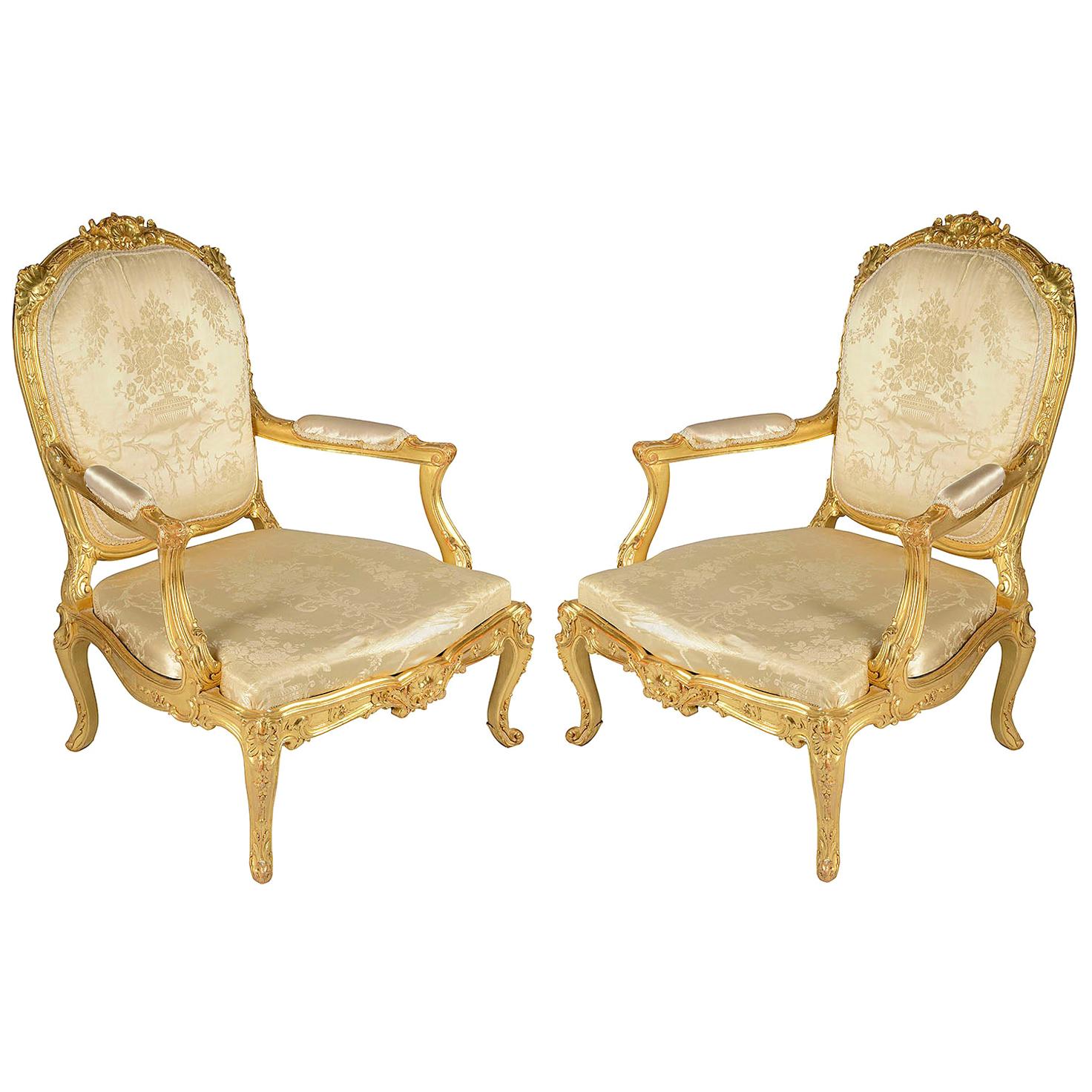 Large Pair of Louis XVI Style Carved Giltwood Salon Chairs, 19th Century