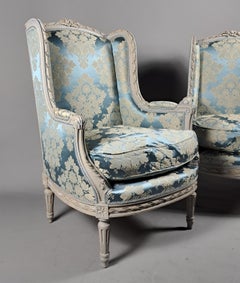 Large Pair Of Louis XVI Style Lacquered Wood Wing Chairs