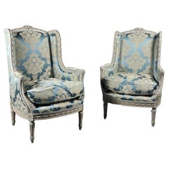 Large Pair Of Louis XVI Style Lacquered Wood Wing Chairs