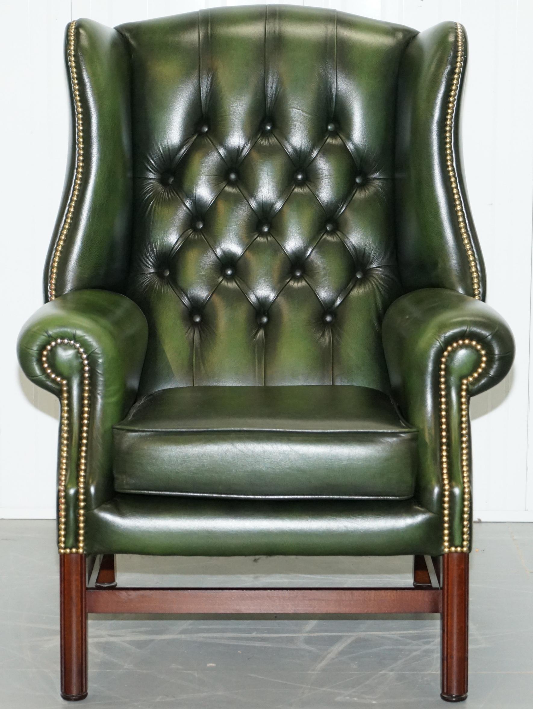 Large Pair of Luxury Green Leather Chesterfield Wingback Armchairs & Footstool 1