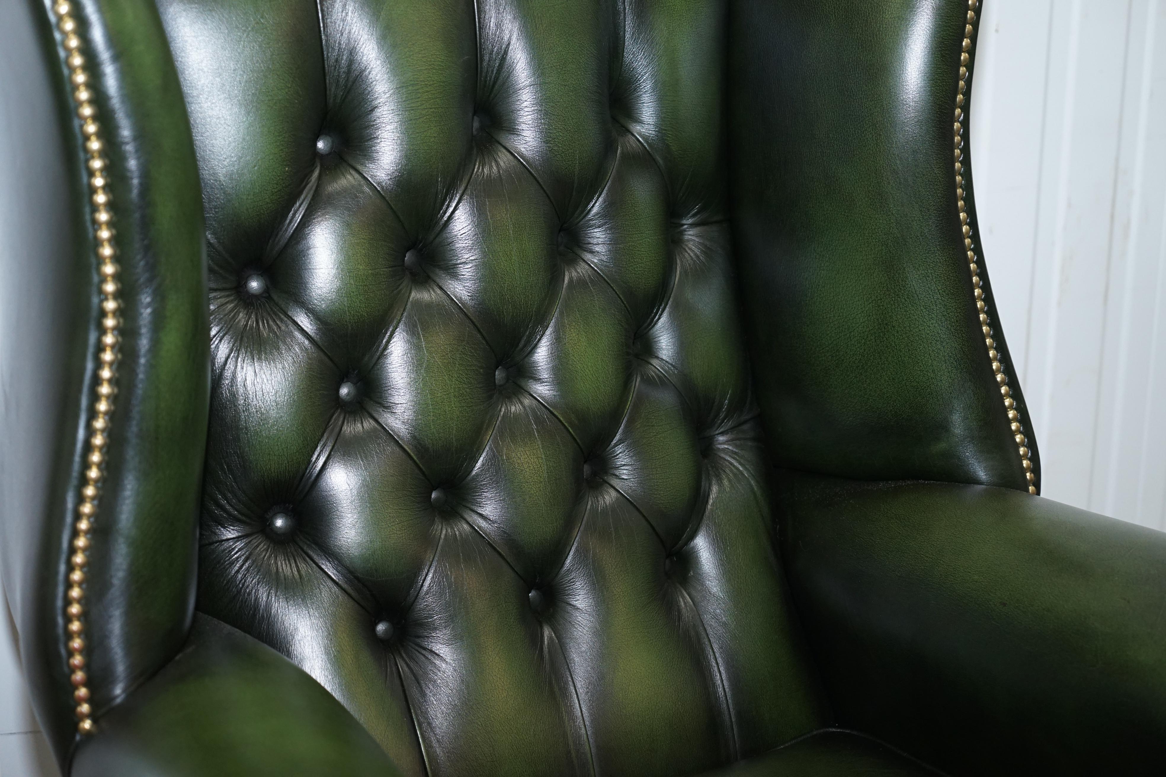 Large Pair of Luxury Green Leather Chesterfield Wingback Armchairs & Footstool 2