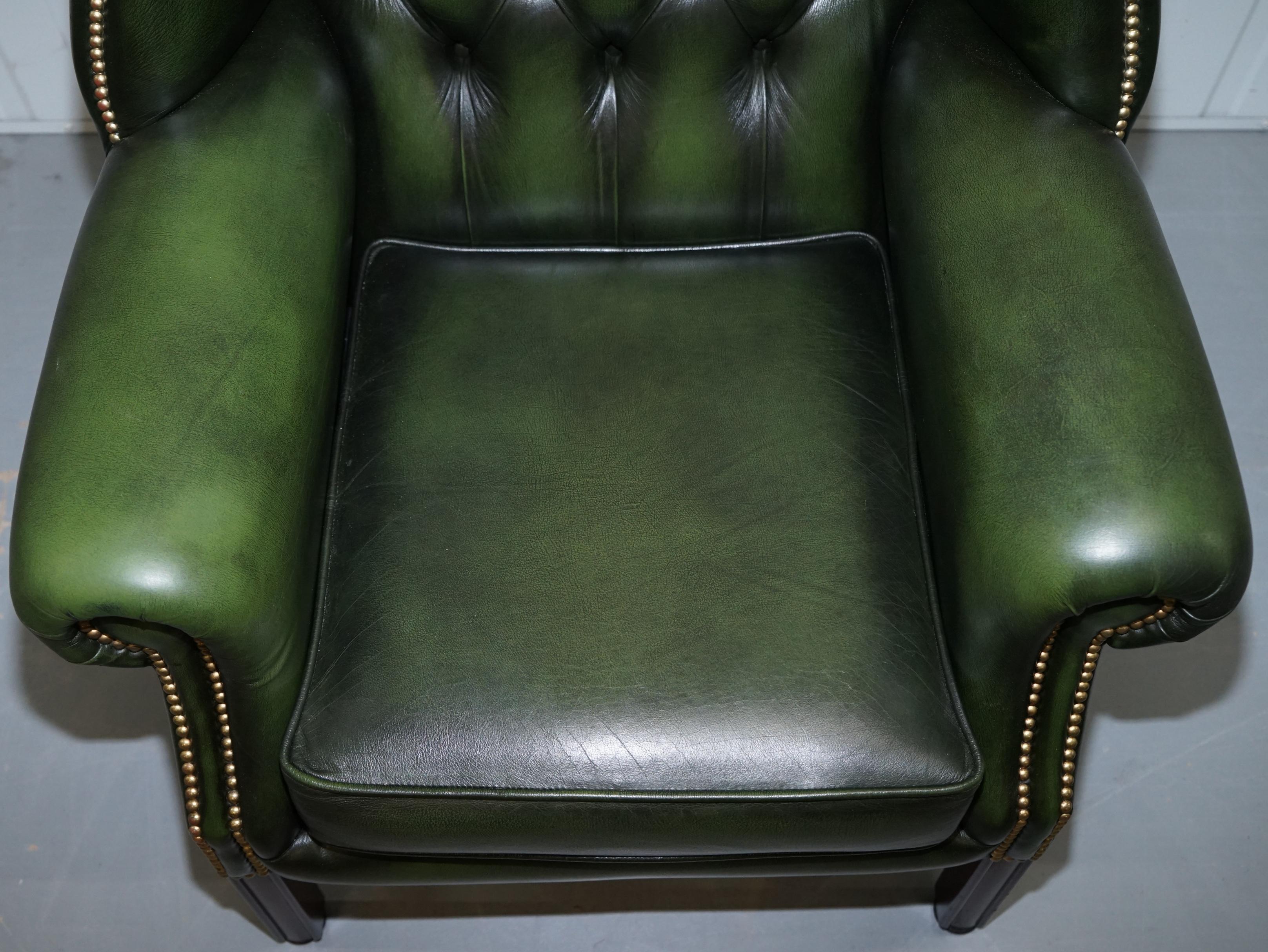 Large Pair of Luxury Green Leather Chesterfield Wingback Armchairs & Footstool 3