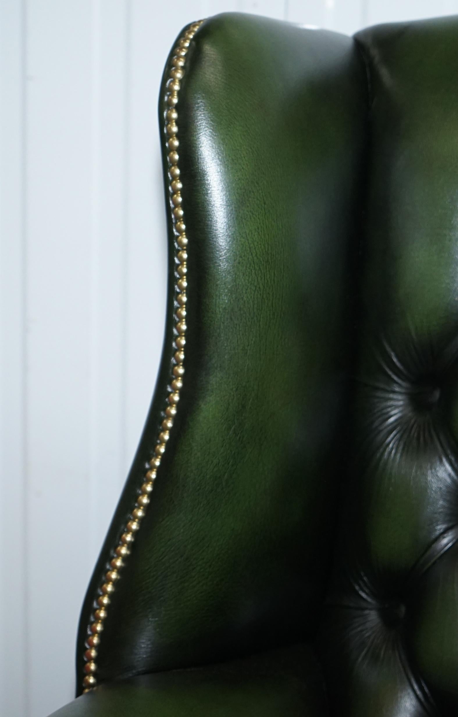 Large Pair of Luxury Green Leather Chesterfield Wingback Armchairs & Footstool 4