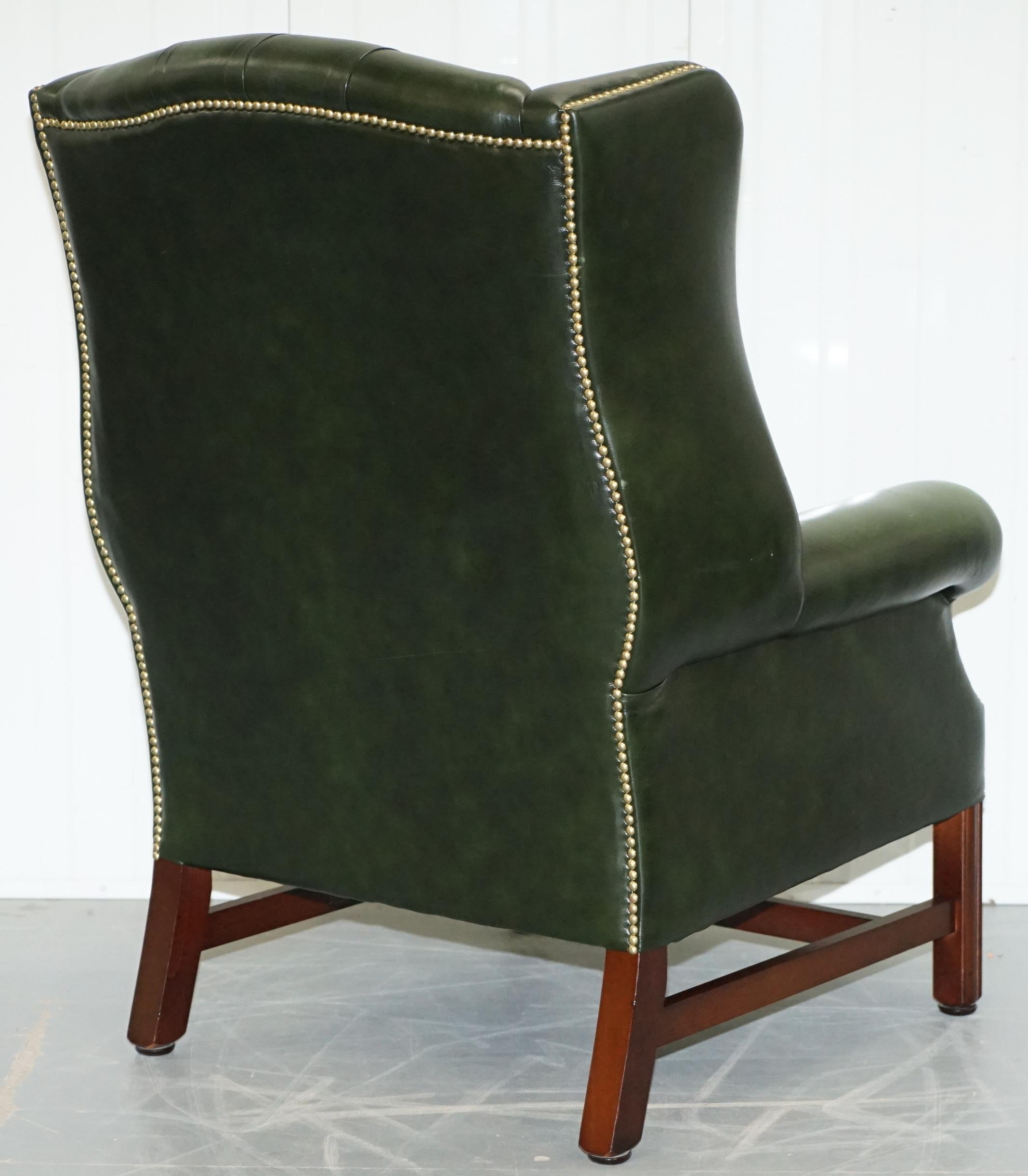 Large Pair of Luxury Green Leather Chesterfield Wingback Armchairs & Footstool 8