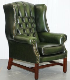 Large Pair of Luxury Green Leather Chesterfield Wingback Armchairs & Footstool