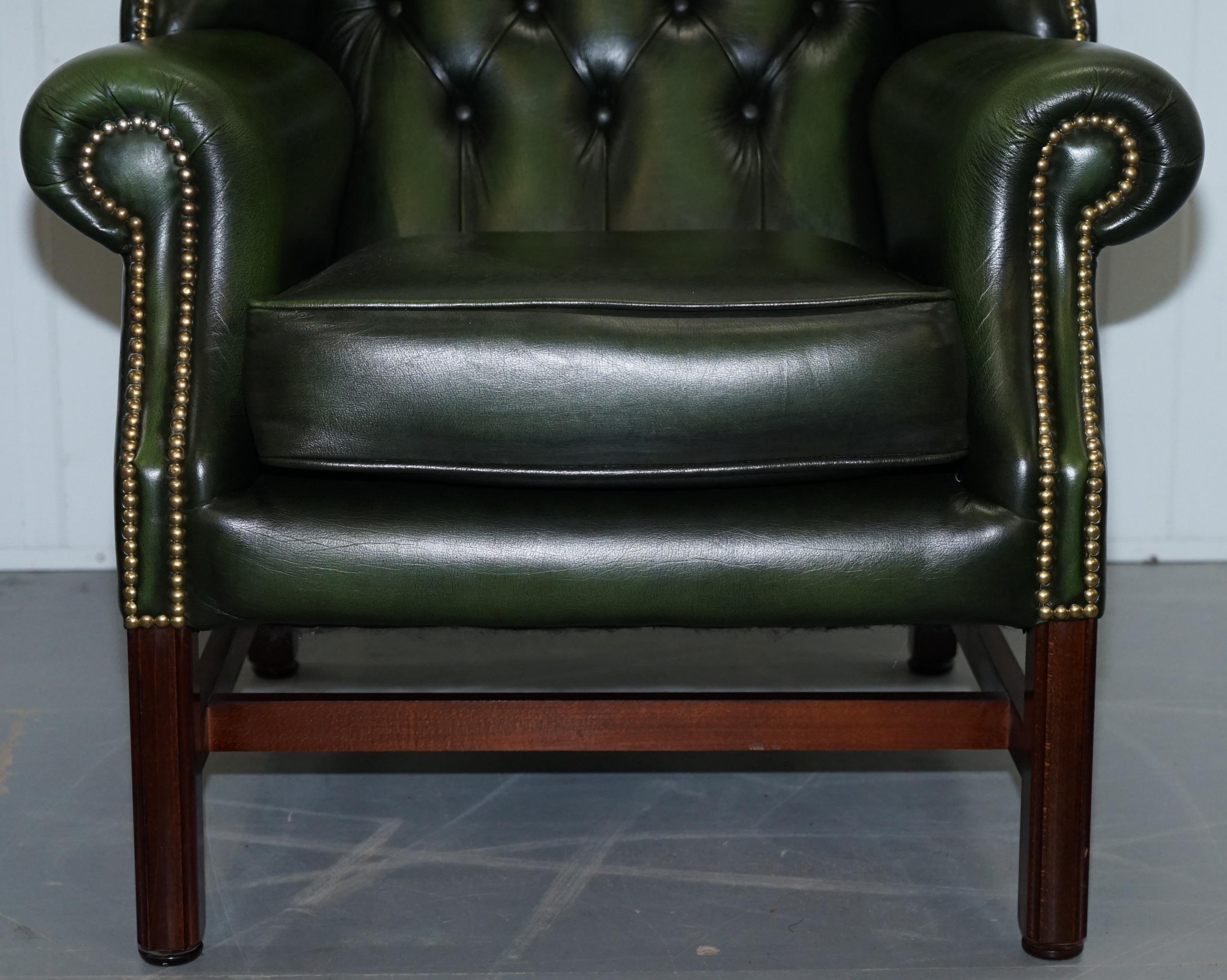 Victorian Large Pair of Luxury Green Leather Chesterfield Wingback Armchairs & Footstool
