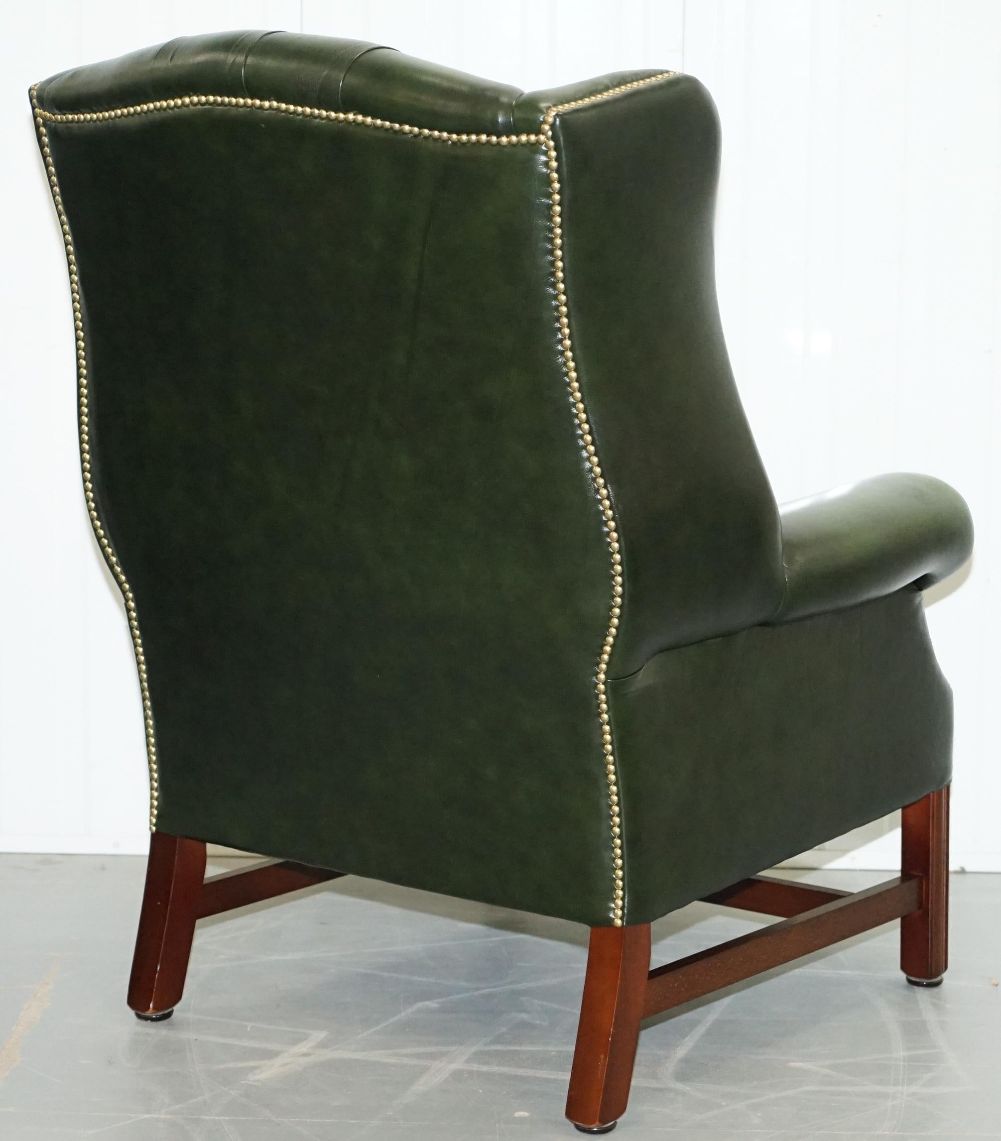 Hand-Crafted Large Pair of Luxury Green Leather Chesterfield Wingback Armchairs & Footstool