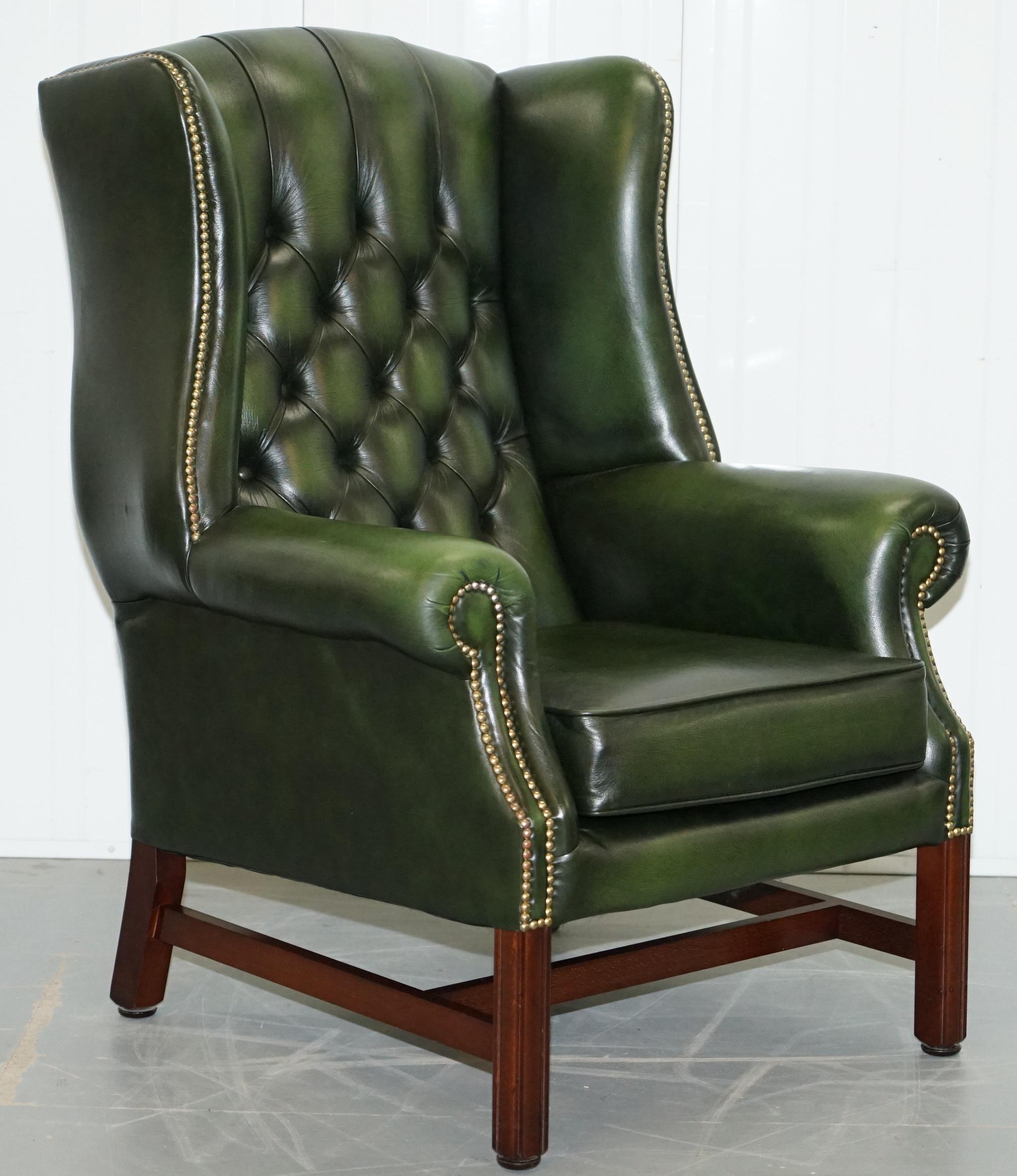 20th Century Large Pair of Luxury Green Leather Chesterfield Wingback Armchairs & Footstool