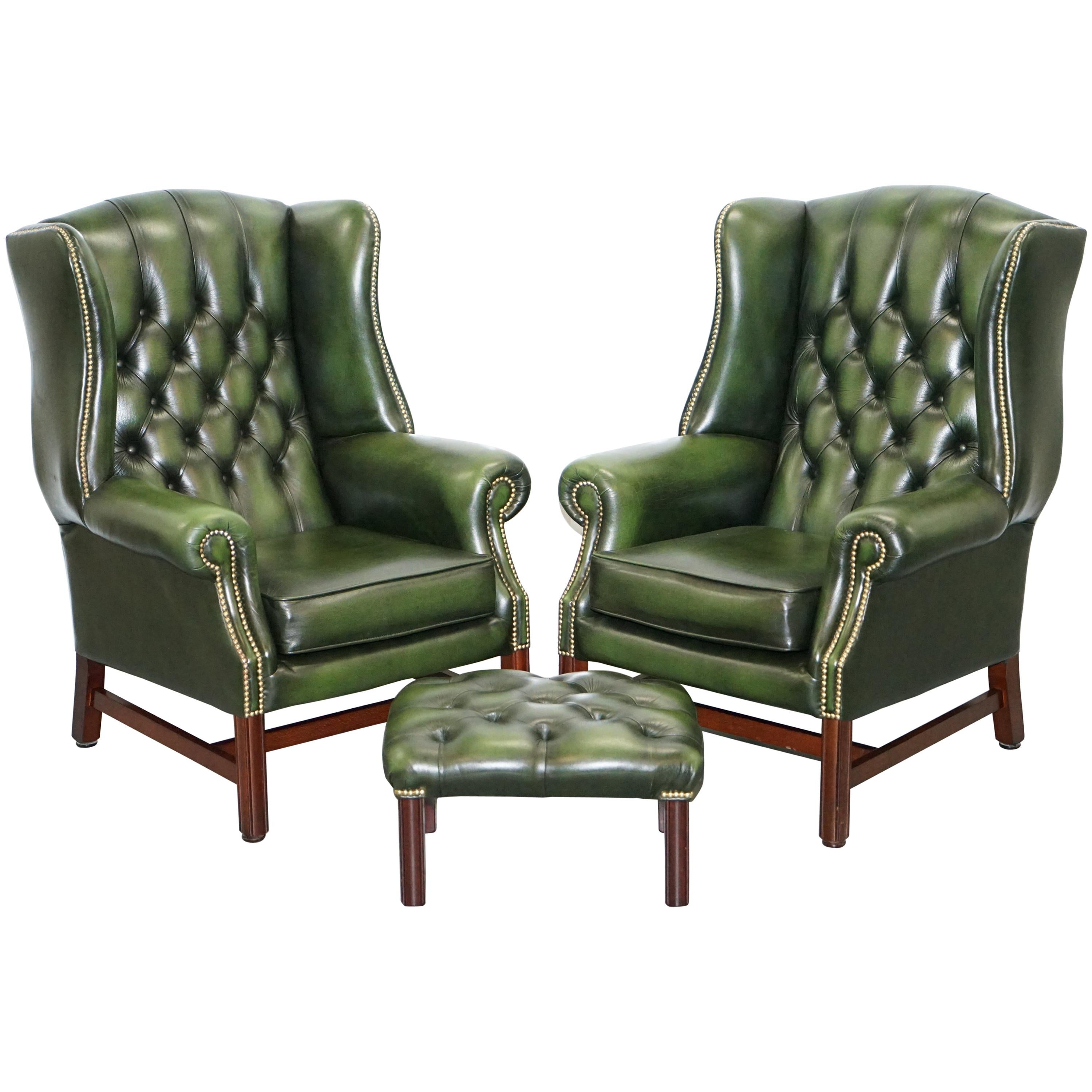 Large Pair of Luxury Green Leather Chesterfield Wingback Armchairs & Footstool